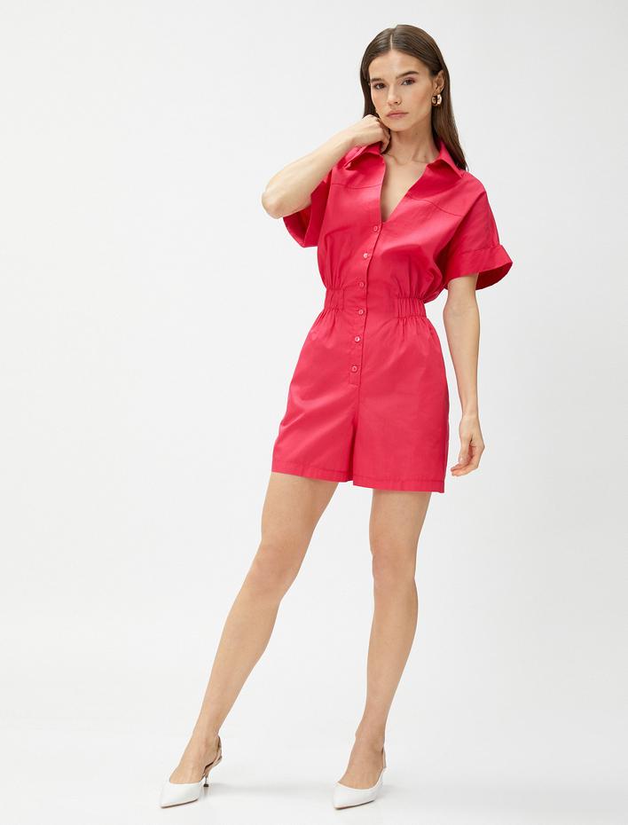  Şortlu Tulum Kısa Kollu Düğmeli Gömlek Yaka