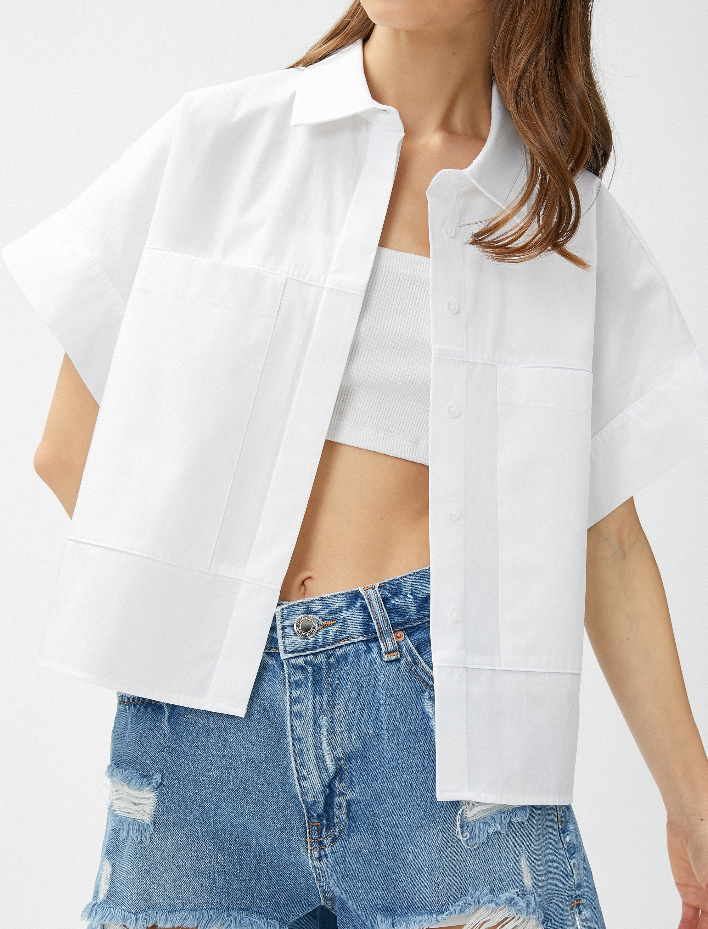   Crop Poplin Gömlek Kısa Kollu Pamuklu