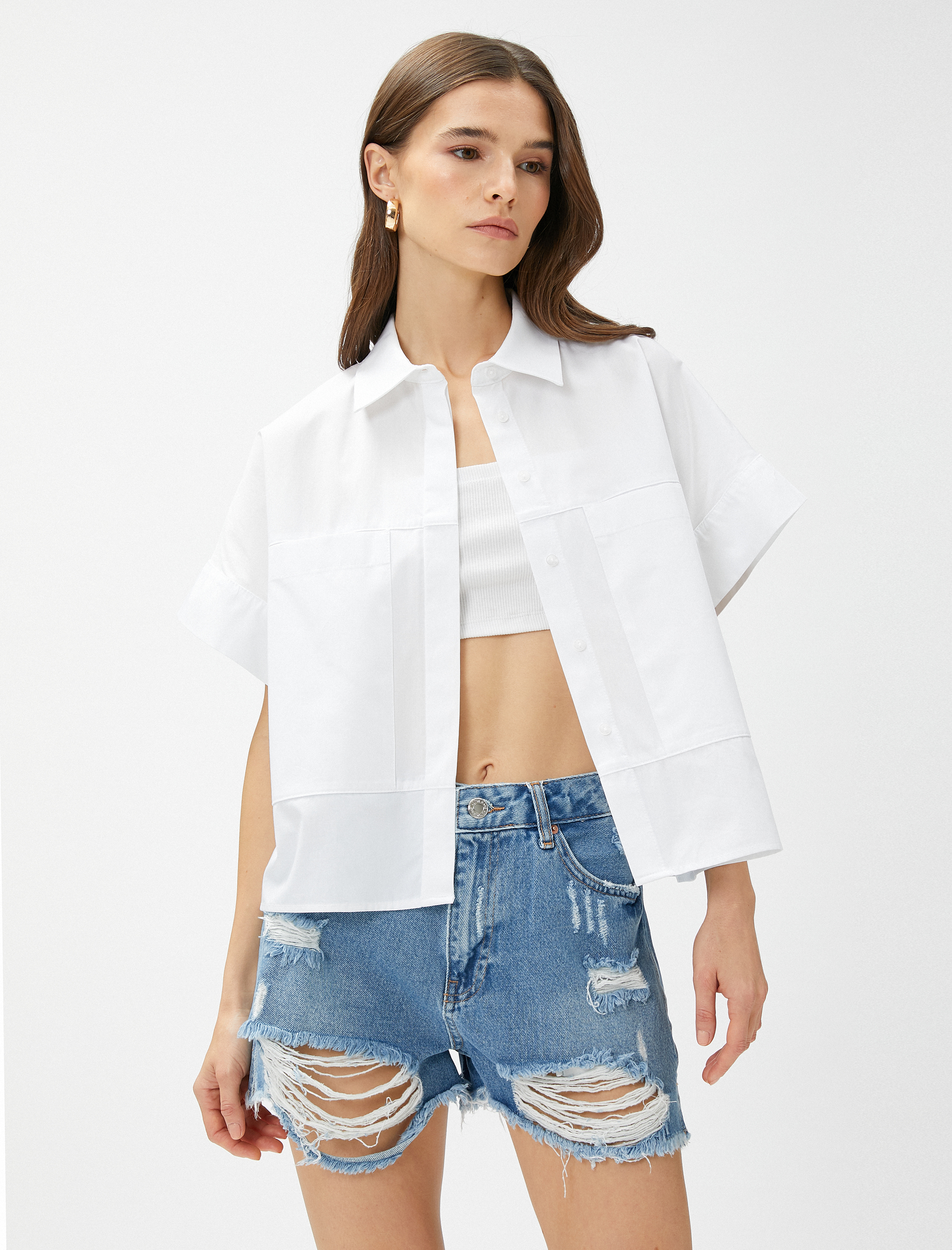   Crop Poplin Gömlek Kısa Kollu Pamuklu