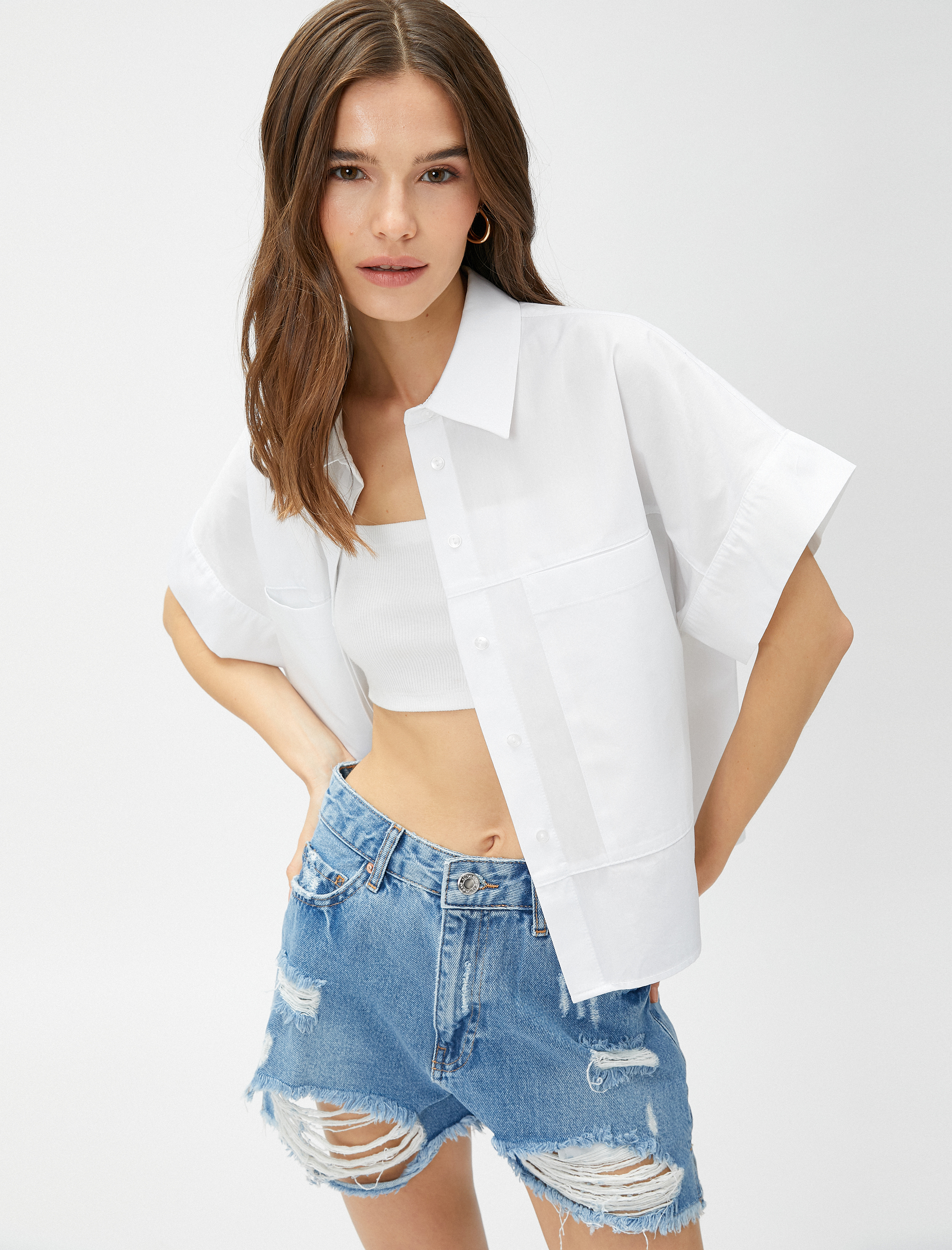 Crop Poplin Gömlek Kısa Kollu Pamuklu
