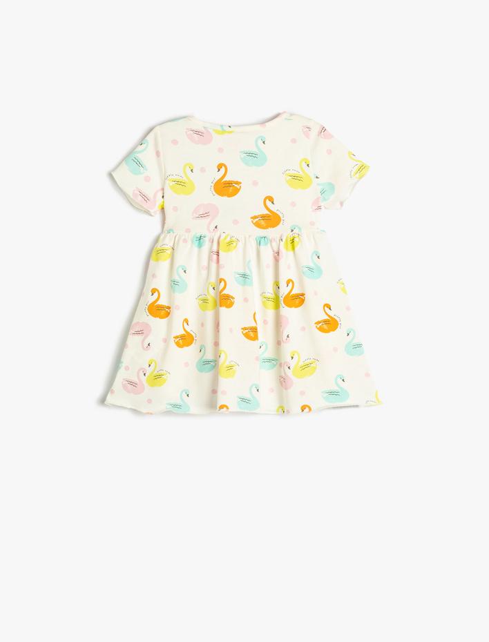 Kız Bebek Elbise Kısa Kollu Bisiklet Yaka Pamuklu Kuğu Baskılı