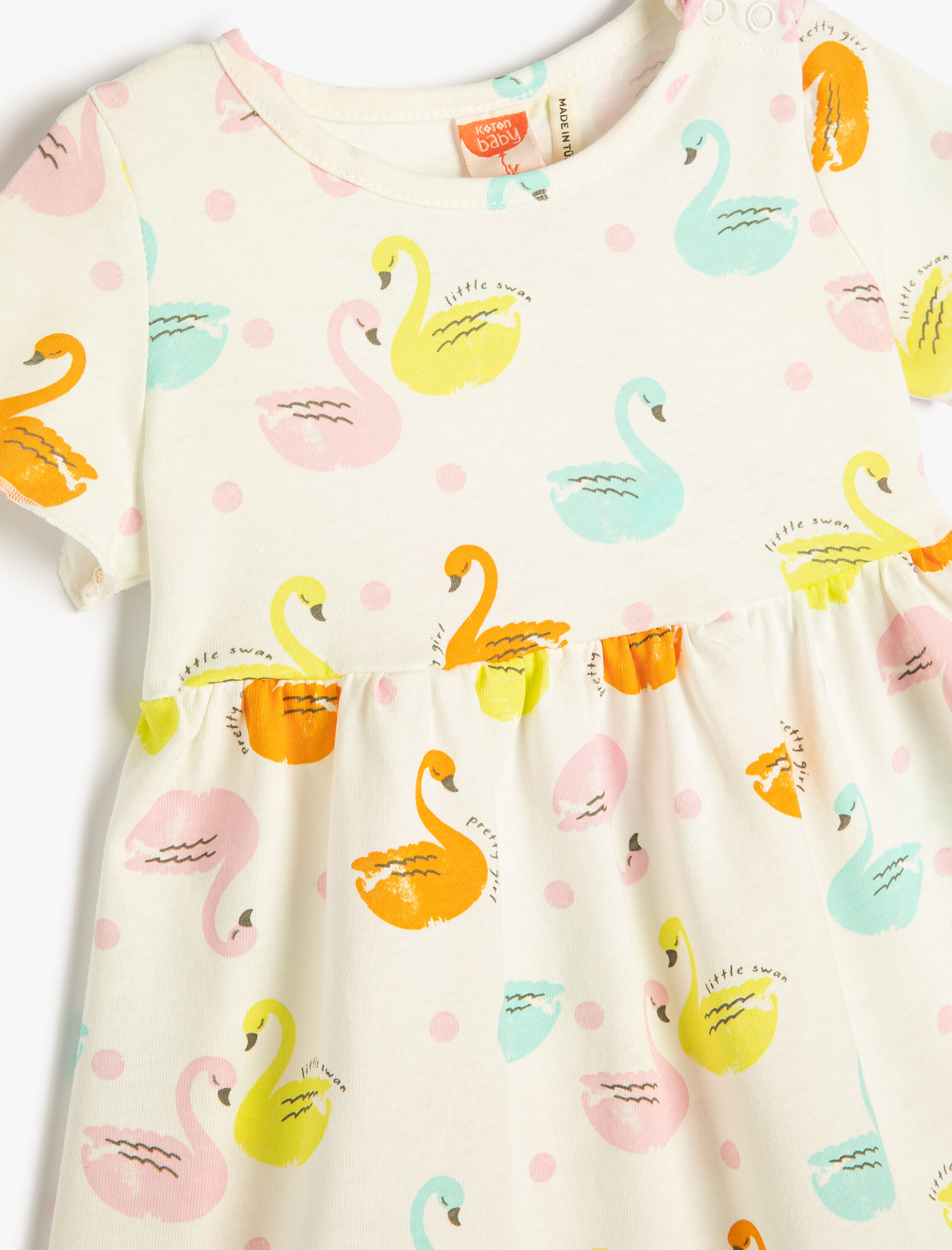  Kız Bebek Elbise Kısa Kollu Bisiklet Yaka Pamuklu Kuğu Baskılı