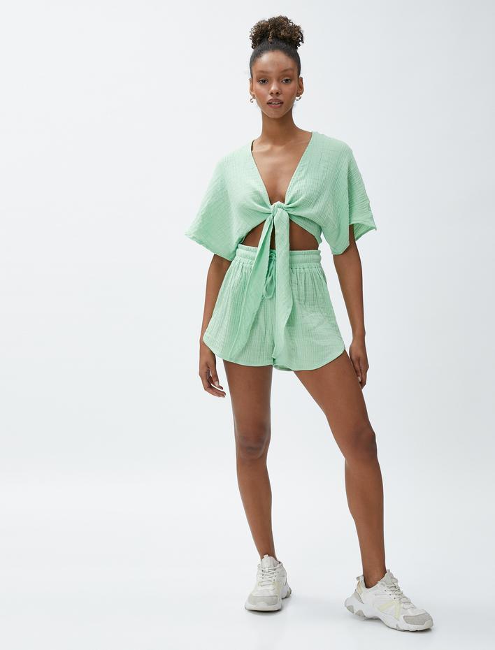  Crop Yoga Tişört Müslin Kimono Görünümlü Bağlama Detaylı