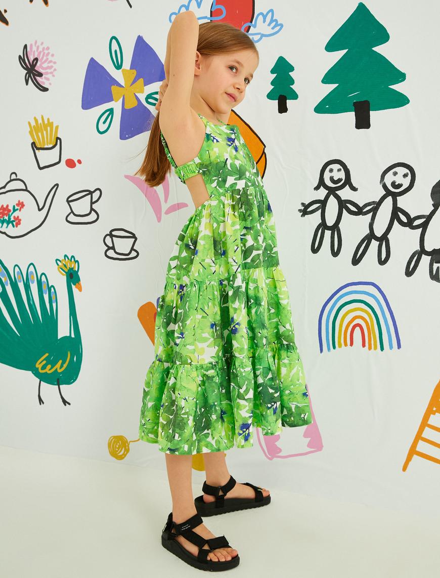  Kız Çocuk Çiçekli Elbise Fırfırlı Maksi Sırtı Pencere Detaylı