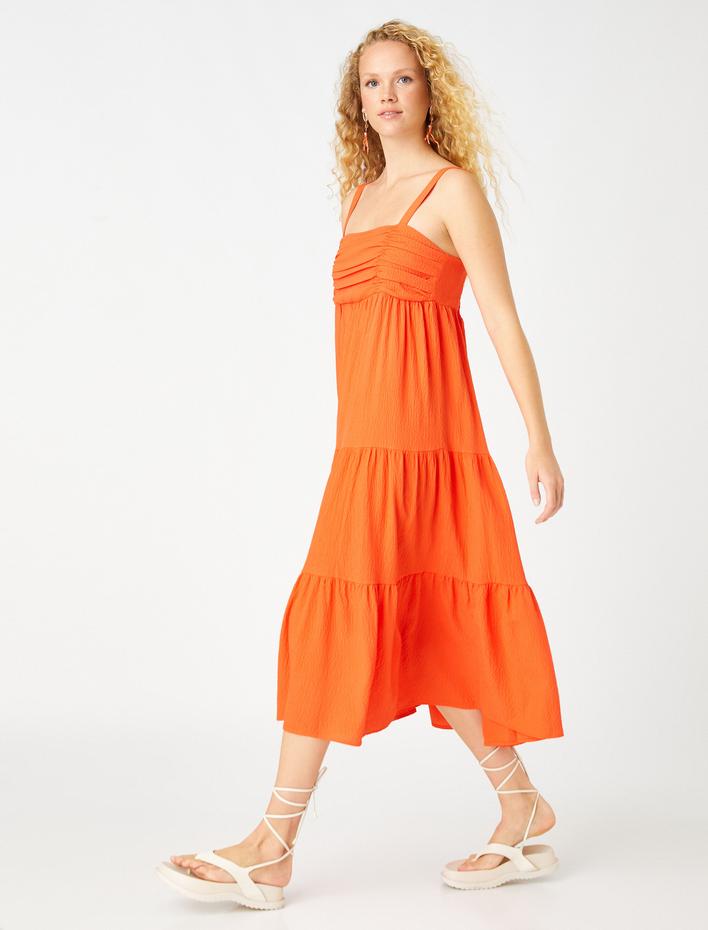  Askılı Midi Boy Elbise Drape Detaylı