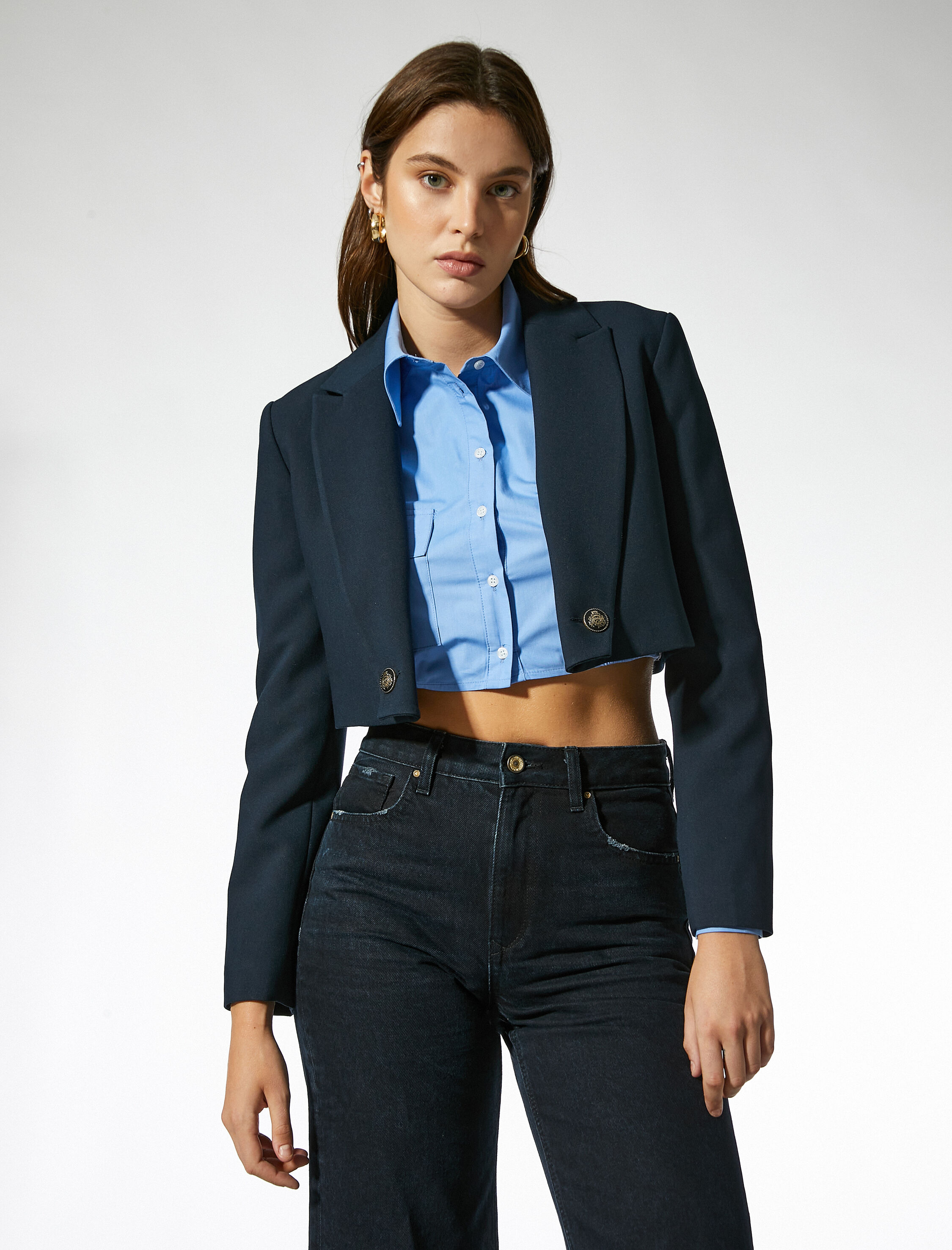   Kruvaze Crop Blazer Ceket Düğmeli
