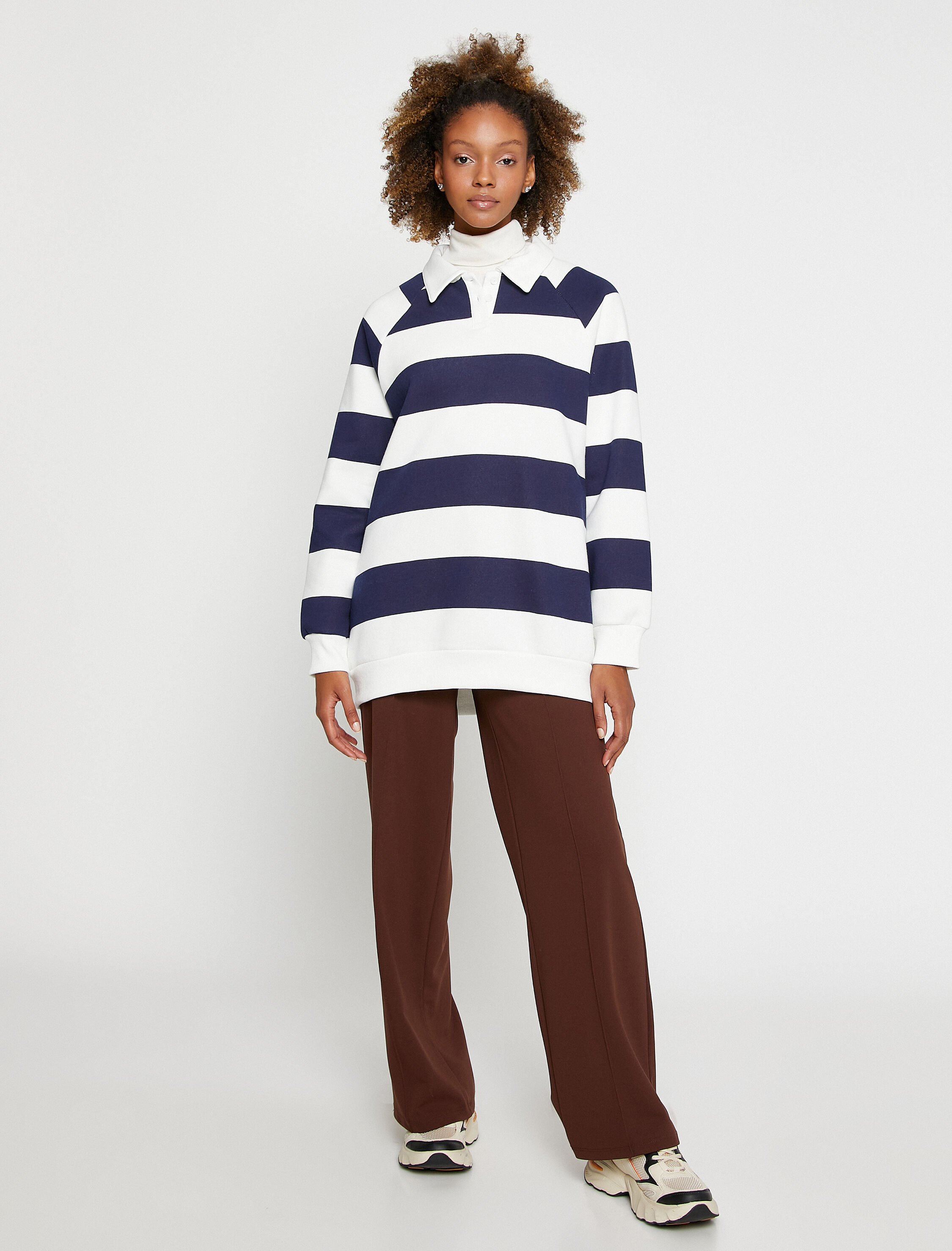   Polo Yaka Sweatshirt Oversize Çizgili Uzun Kollu İçi Polarlı