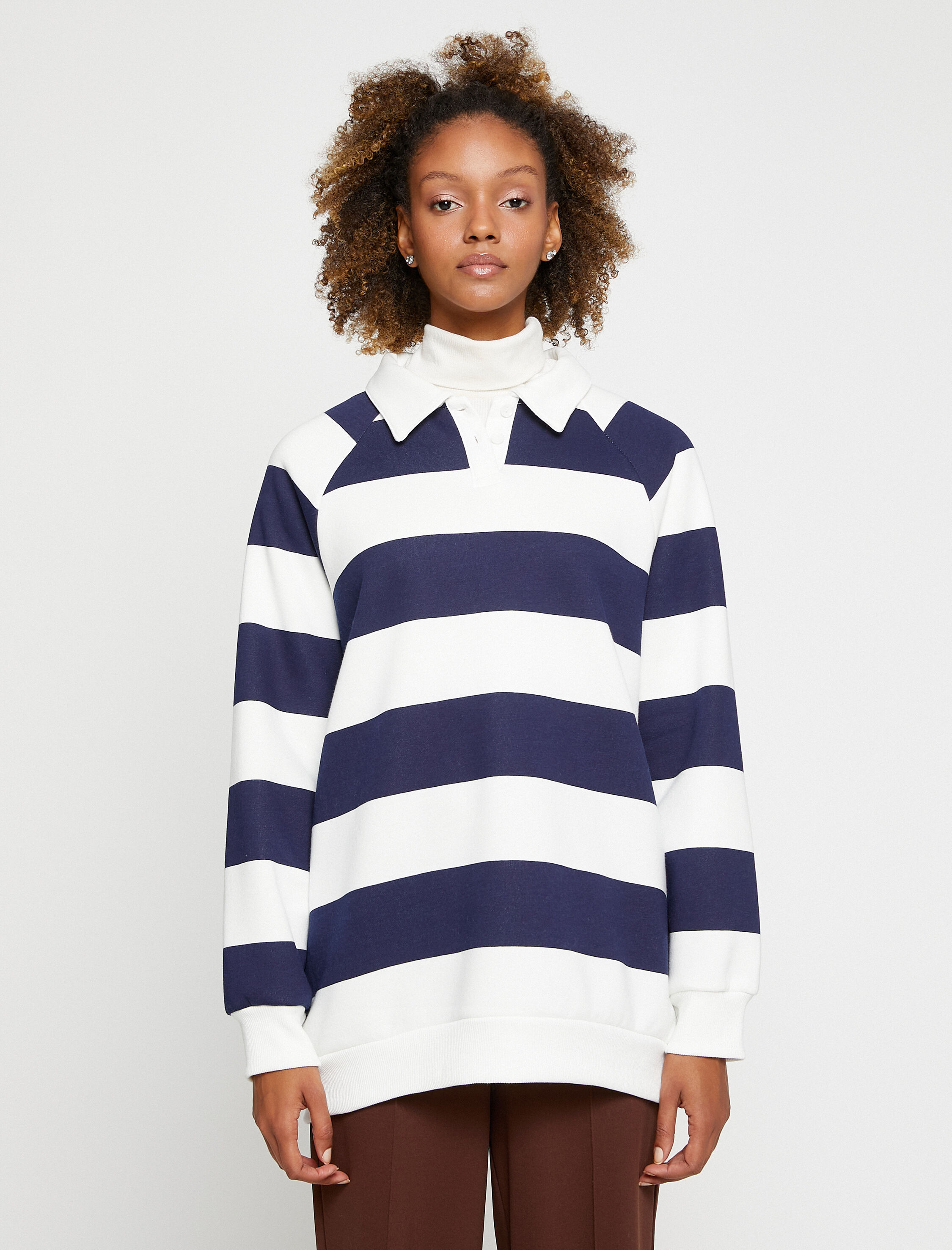   Polo Yaka Sweatshirt Oversize Çizgili Uzun Kollu İçi Polarlı