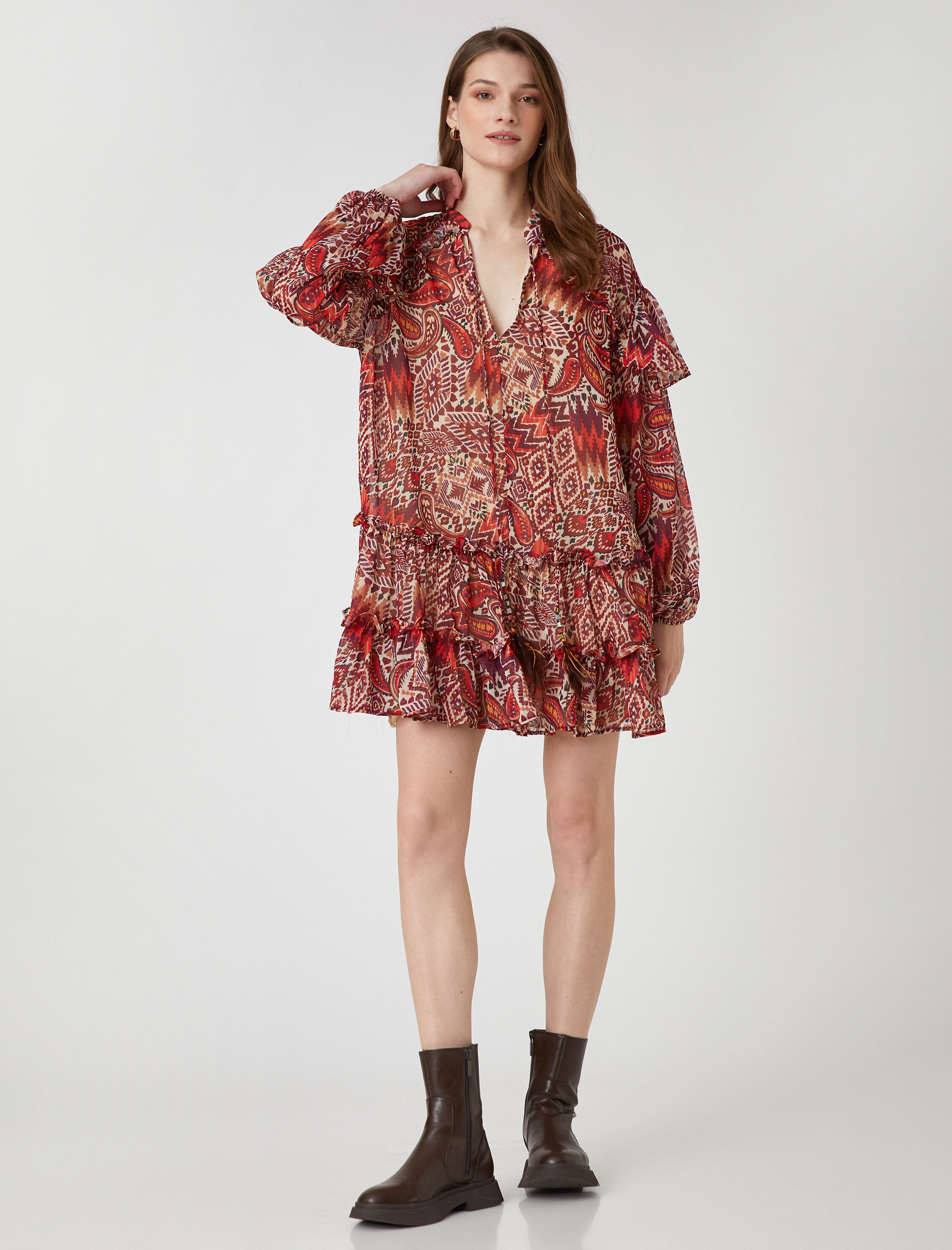   Etnik Desenli Katlı Mini Şifon Elbise