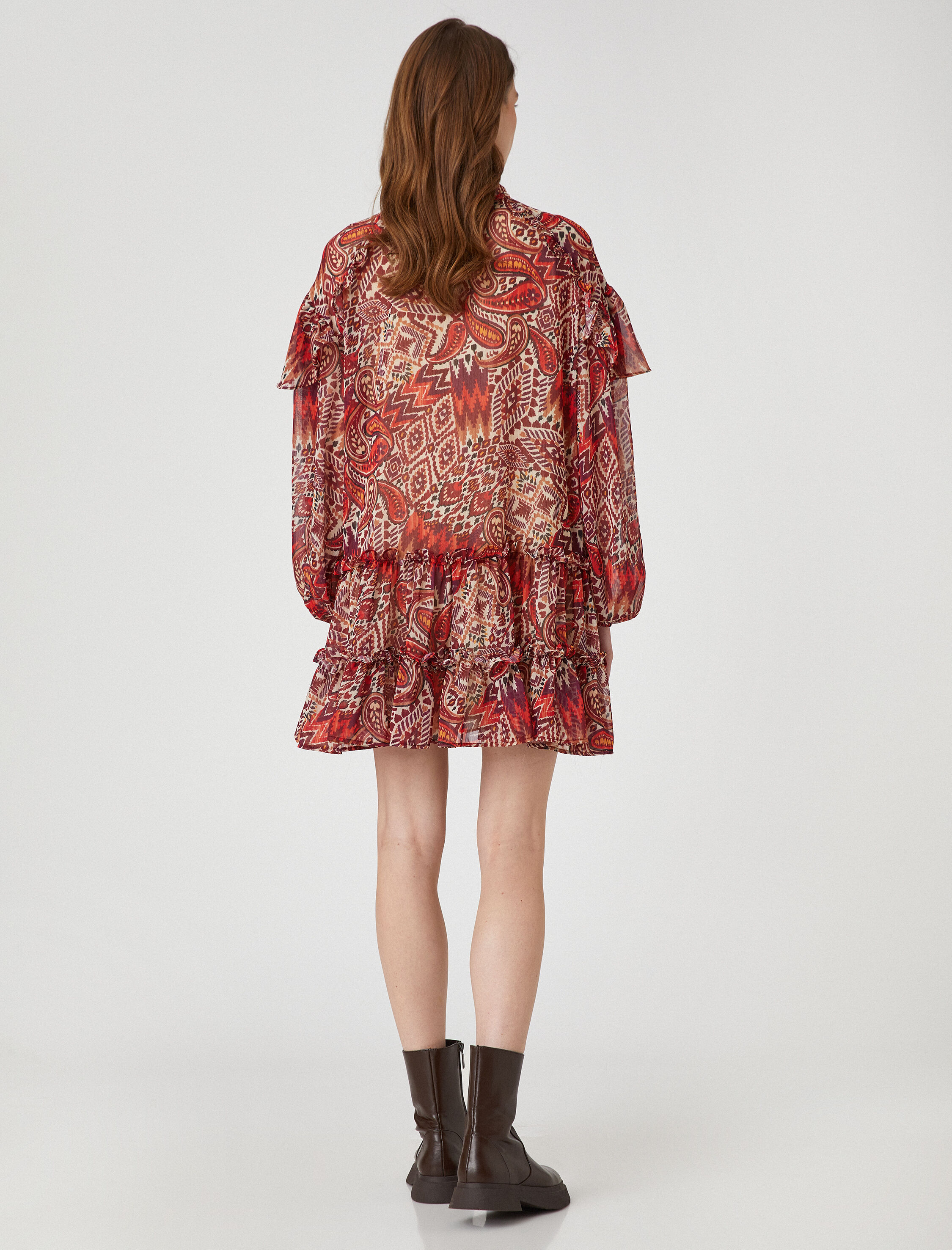   Etnik Desenli Katlı Mini Şifon Elbise