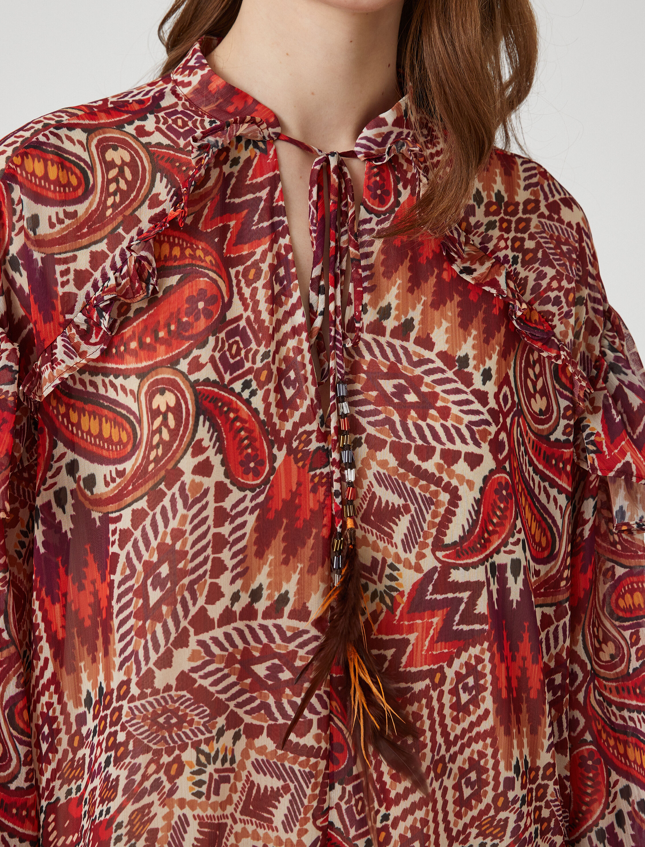   Etnik Desenli Katlı Mini Şifon Elbise