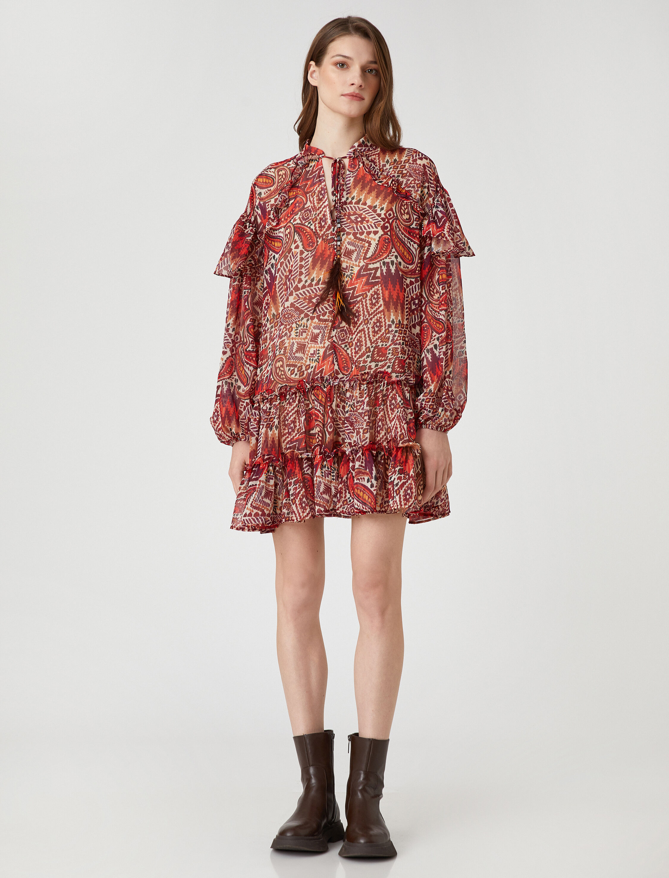   Etnik Desenli Katlı Mini Şifon Elbise