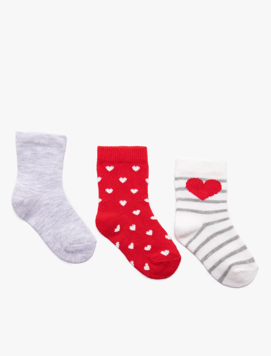  Kız Bebek Çorap 3'lü Kalp Desenli Pamuk Karışımlı