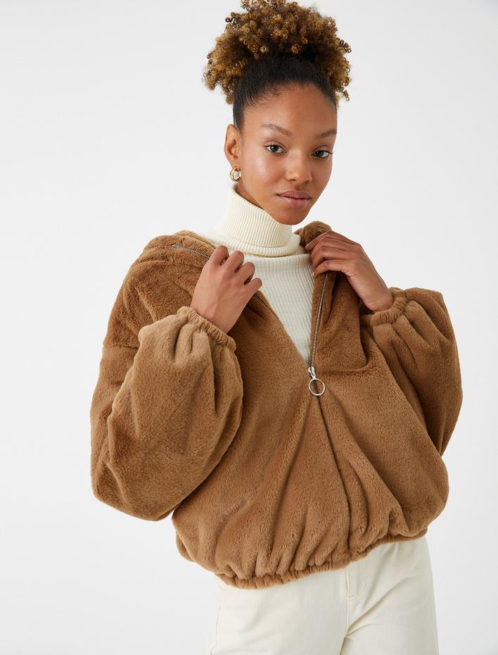  Peluş Mont Kapüşonlu Fermuarlı