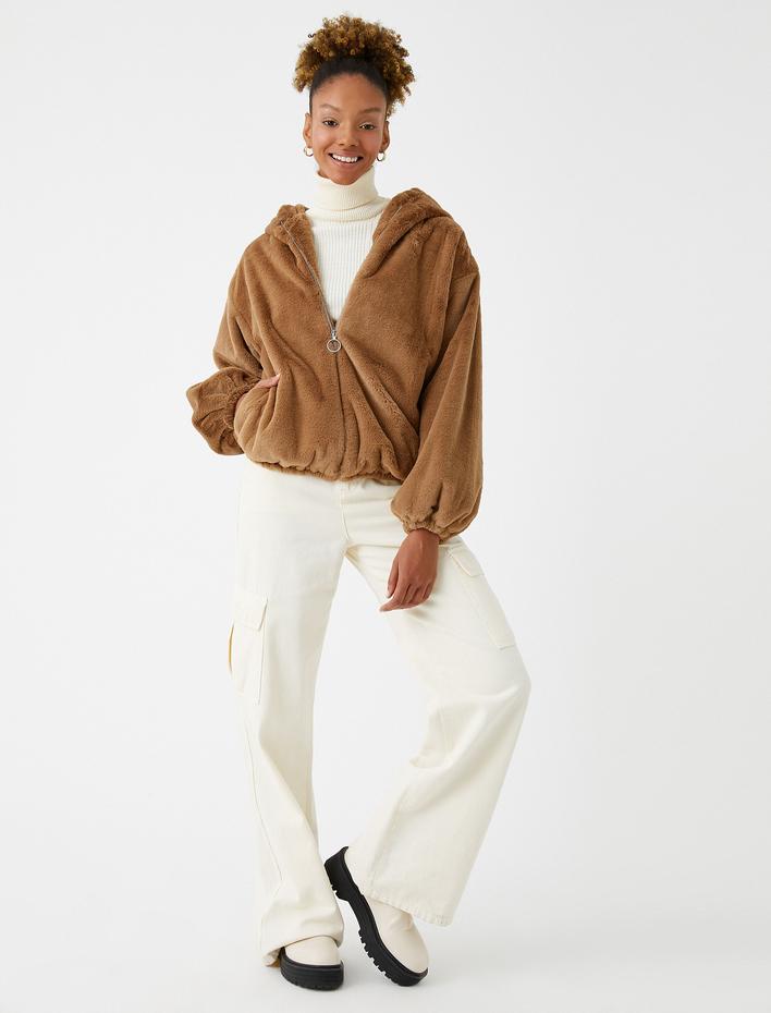  Peluş Mont Kapüşonlu Fermuarlı