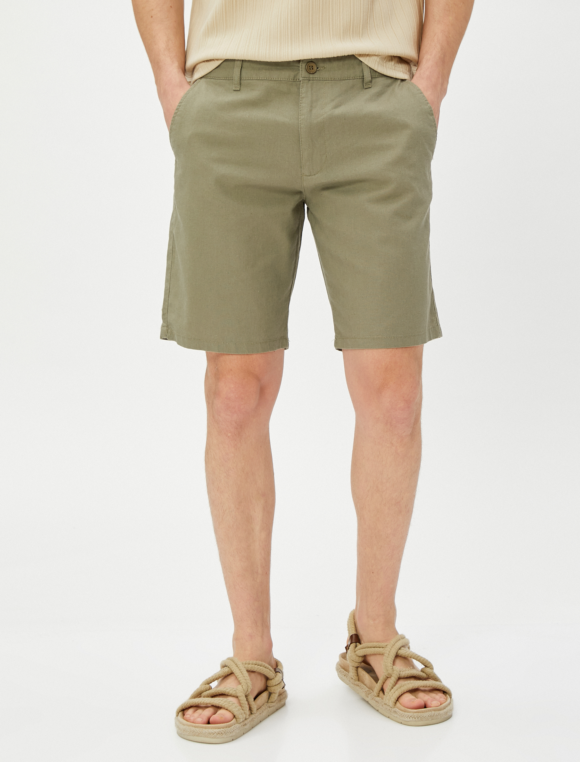   Keten Karışımlı Bermuda Şort Düğmeli Cep Detaylı