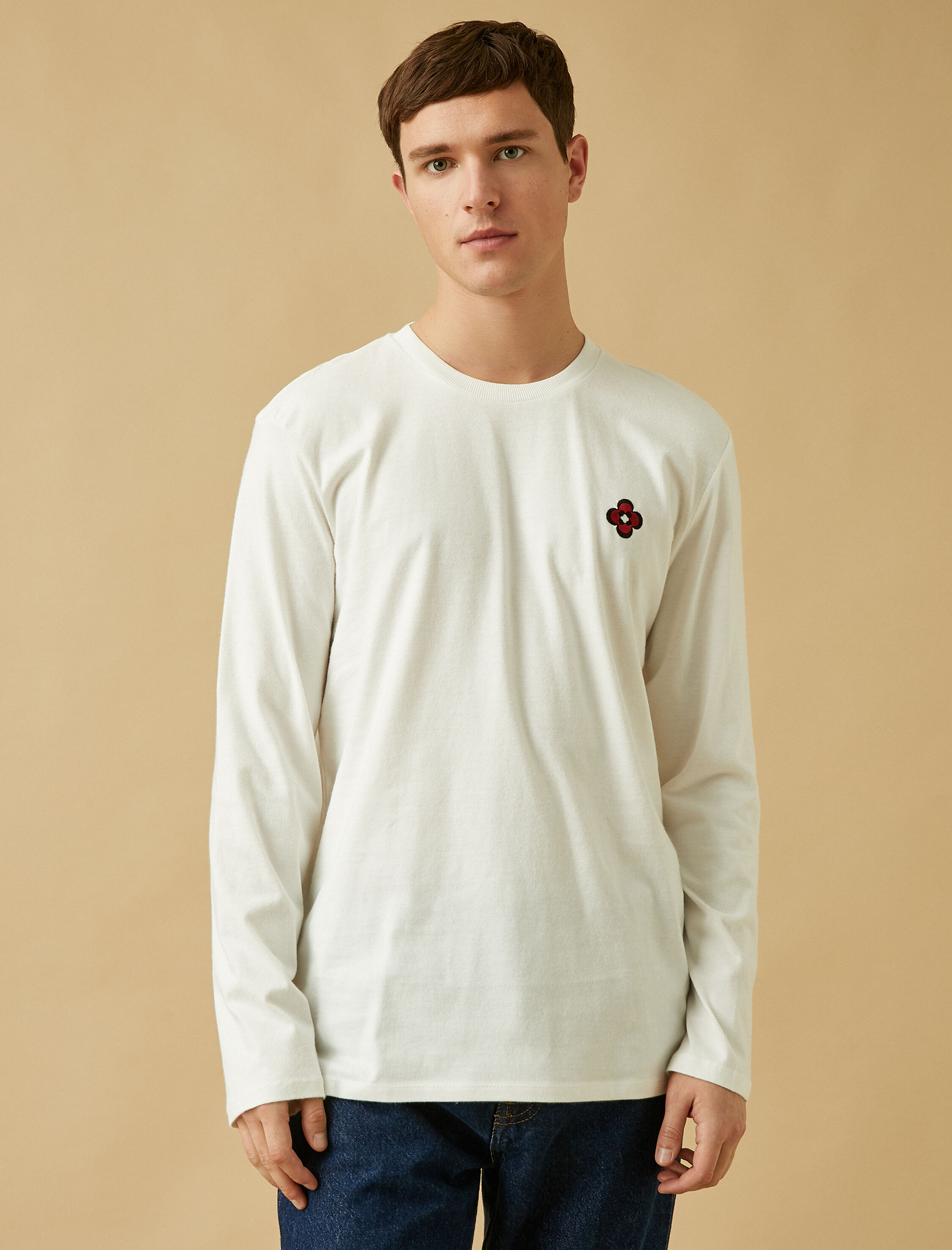   Uzun Kollu Tişört Çiçek İşlemeli Bisiklet Yaka Pamuklu