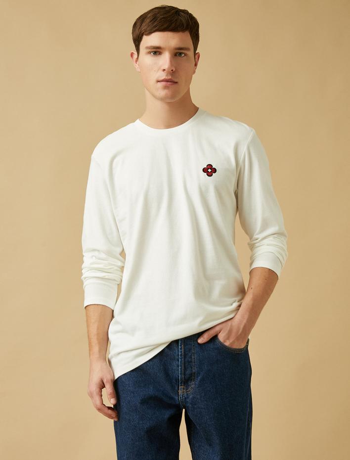  Uzun Kollu Tişört Çiçek İşlemeli Bisiklet Yaka Pamuklu