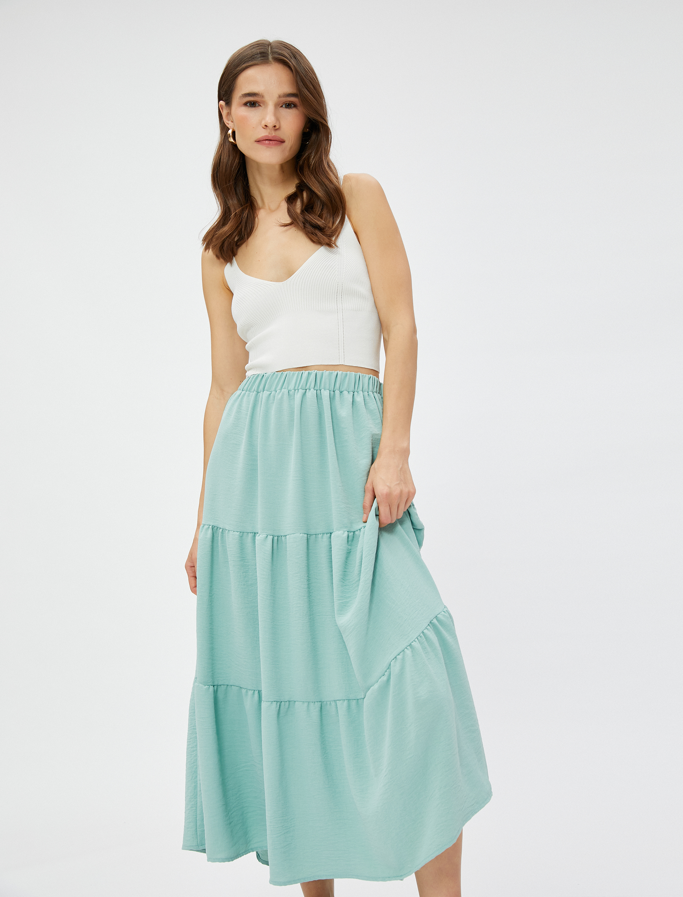   Katlı Midi Etek Beli Lastikli