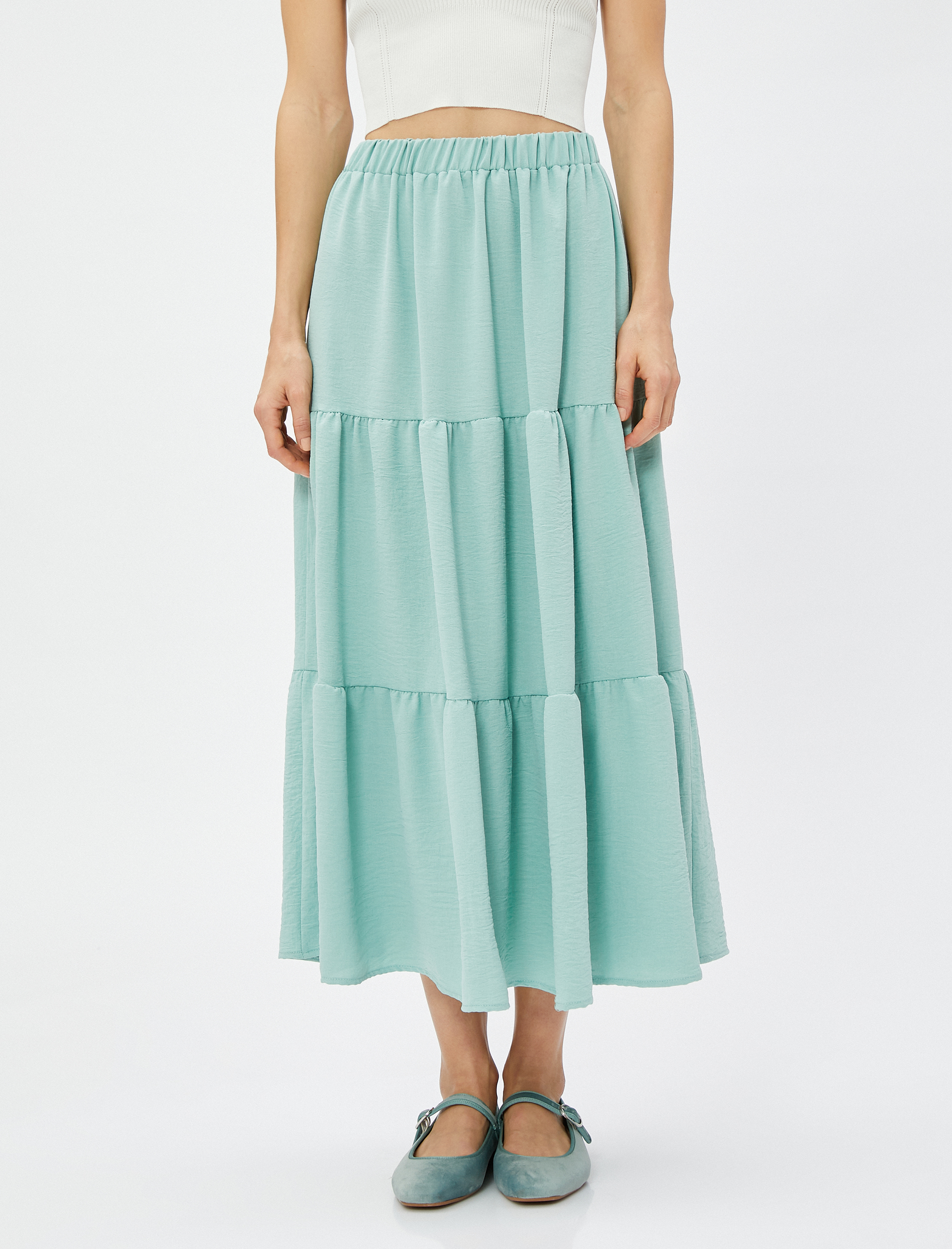   Katlı Midi Etek Beli Lastikli