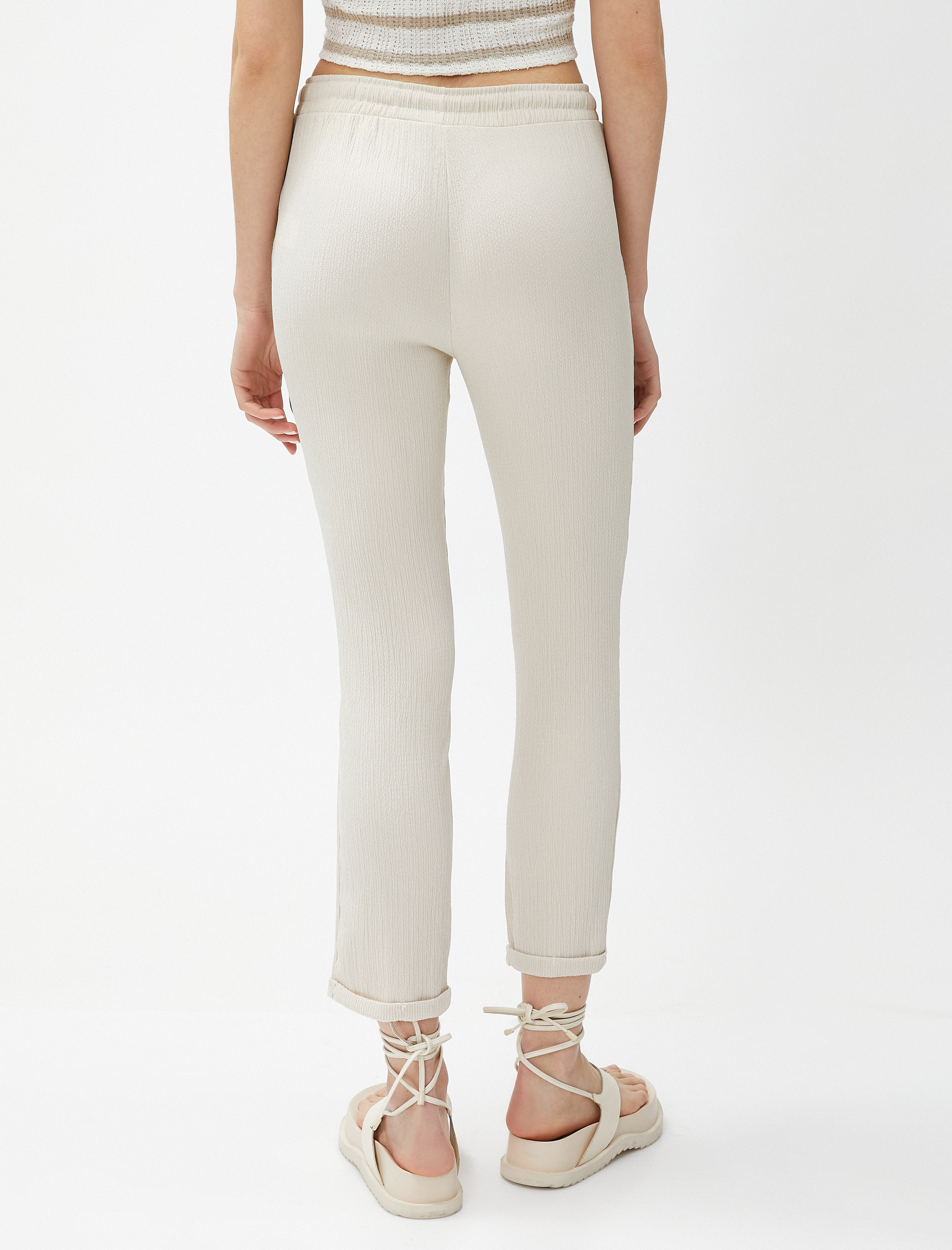   Beli Bağcıklı Pantolon Dar Paça Rahat Kesim Dokulu Bürümcük