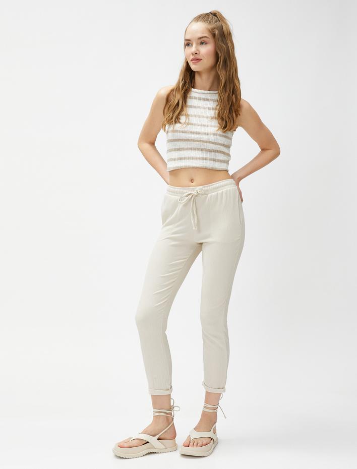  Beli Bağcıklı Pantolon Dar Paça Rahat Kesim Dokulu Bürümcük