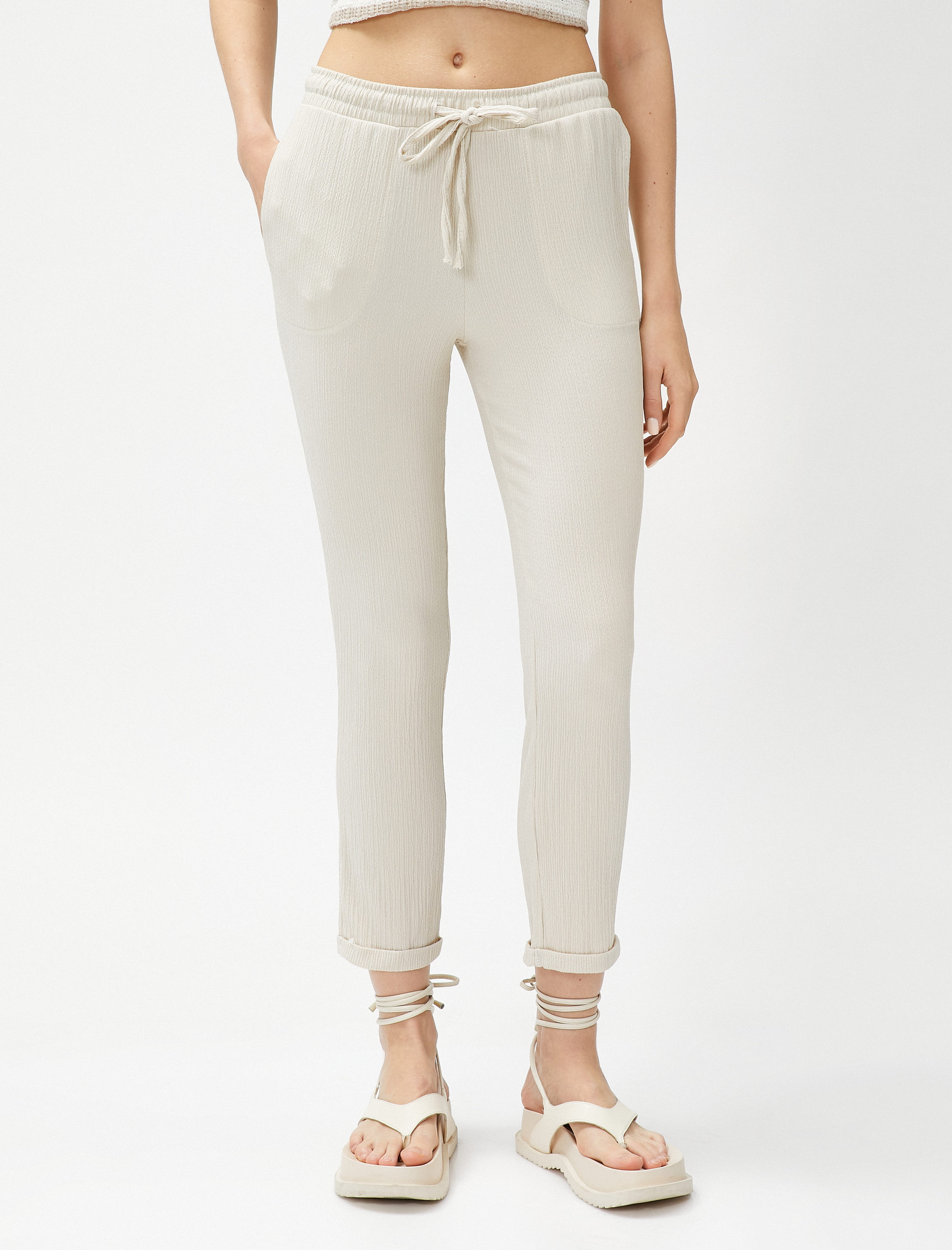   Beli Bağcıklı Pantolon Dar Paça Rahat Kesim Dokulu Bürümcük