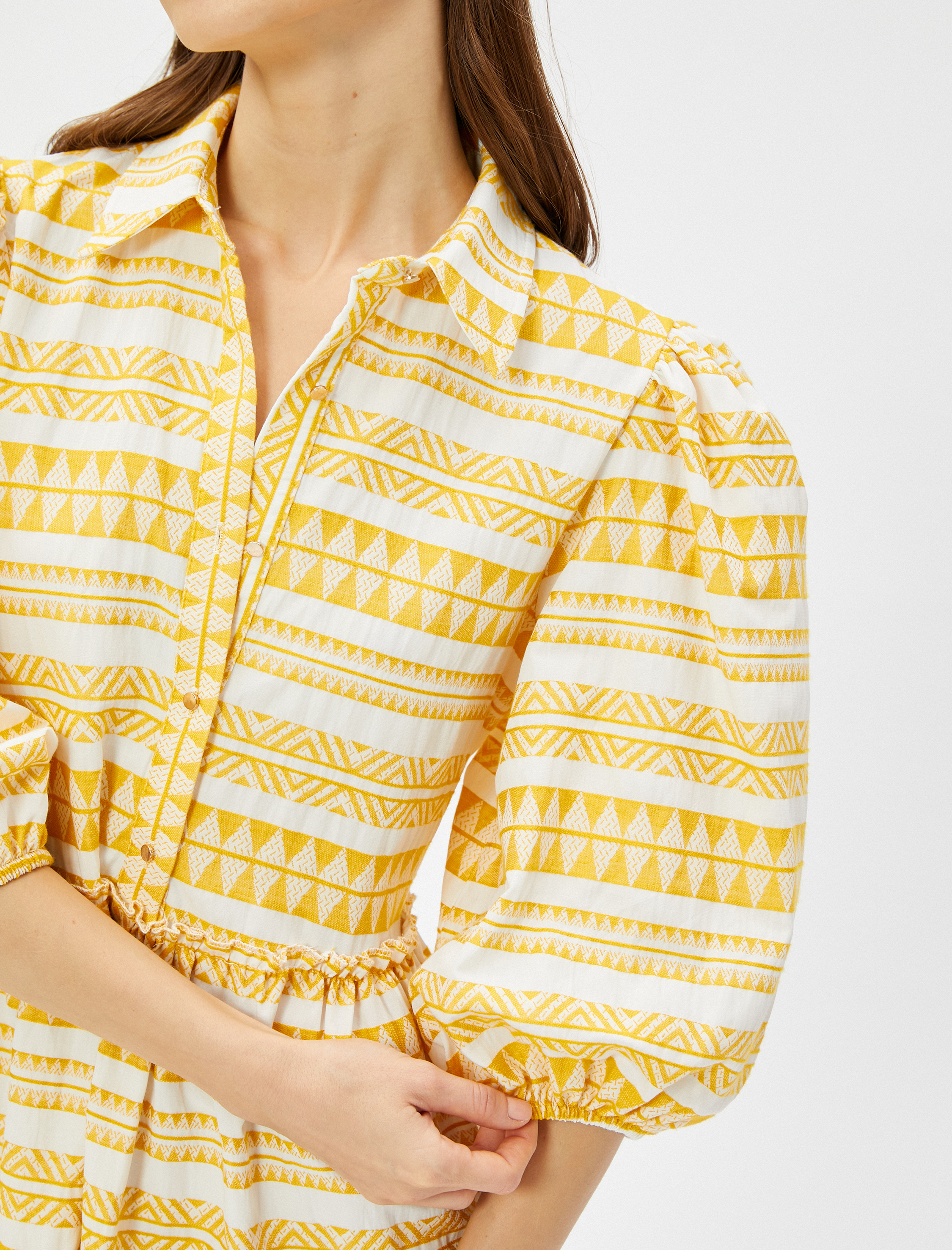   Etnik Desenli Gömlek Elbise Balon Kol