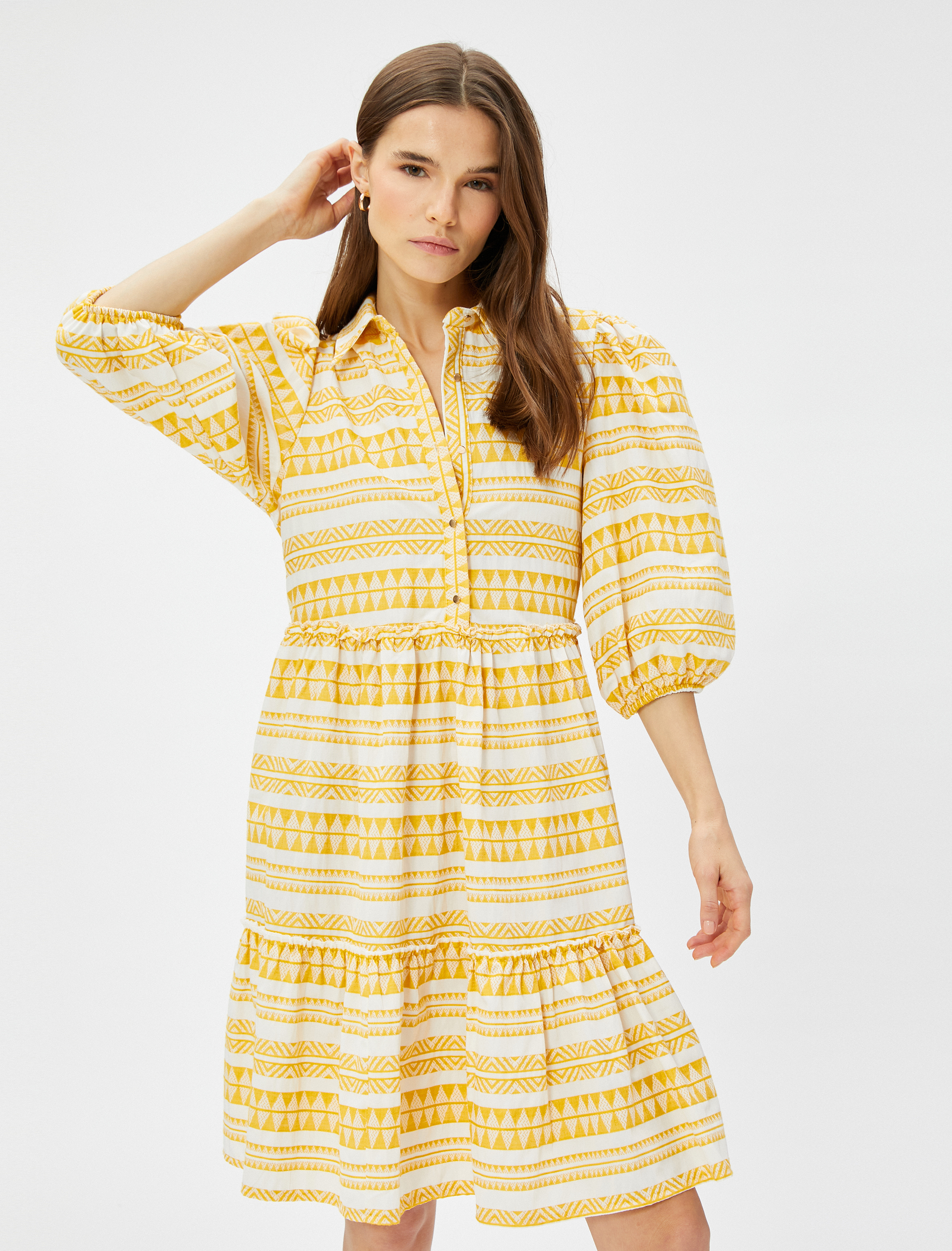   Etnik Desenli Gömlek Elbise Balon Kol