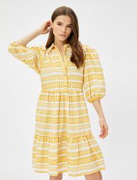 Etnik Desenli Gömlek Elbise Balon Kol