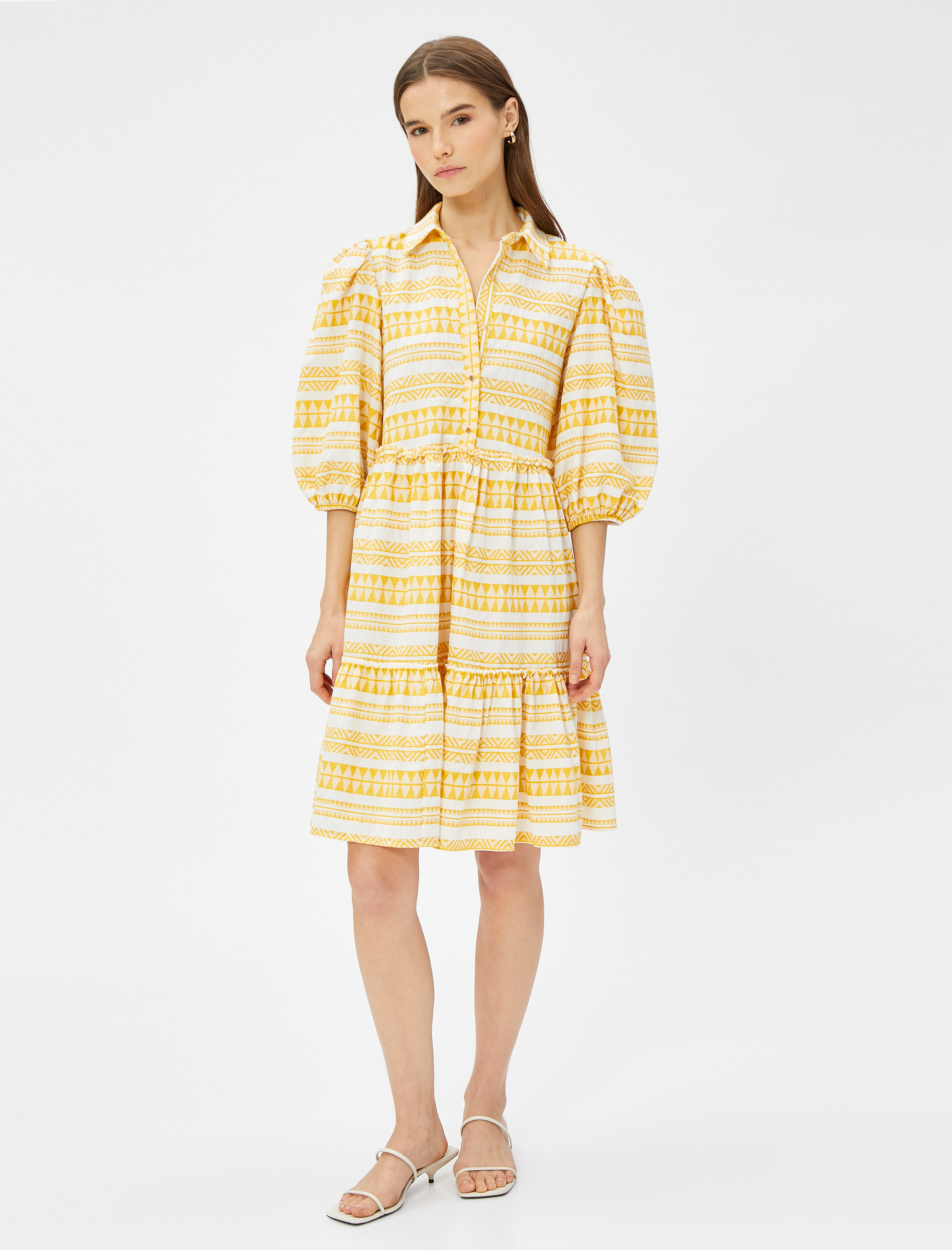   Etnik Desenli Gömlek Elbise Balon Kol