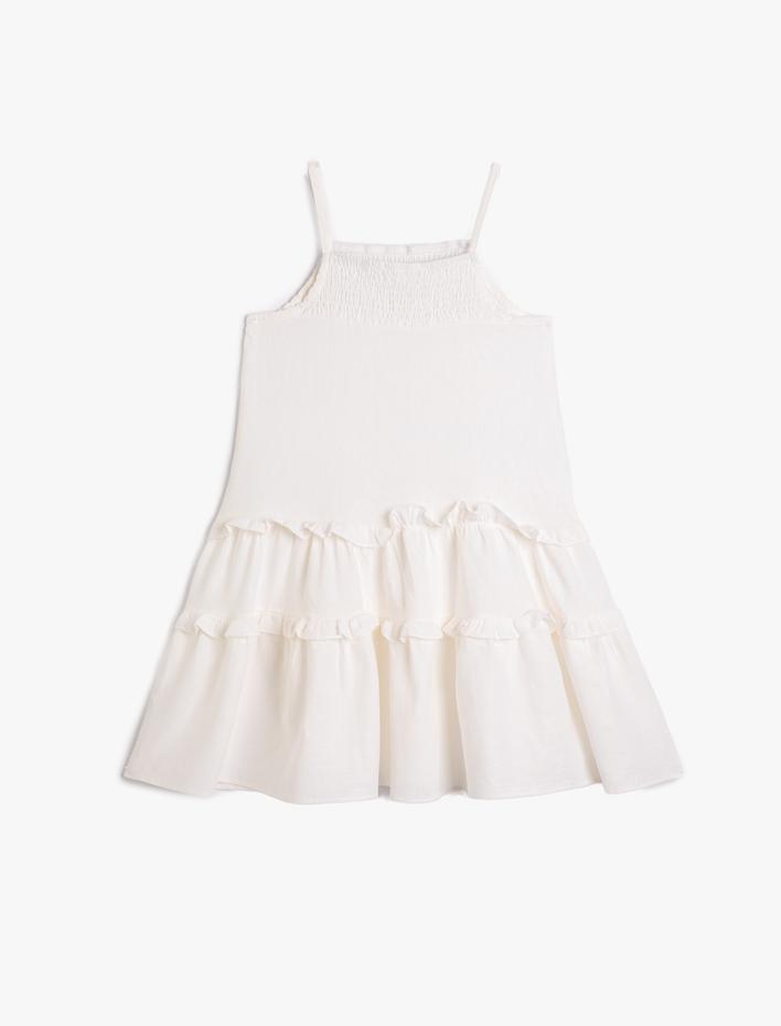 Kız Çocuk Keten Karışımlı Elbise Askılı Bol Kesim Fırfır Detaylı