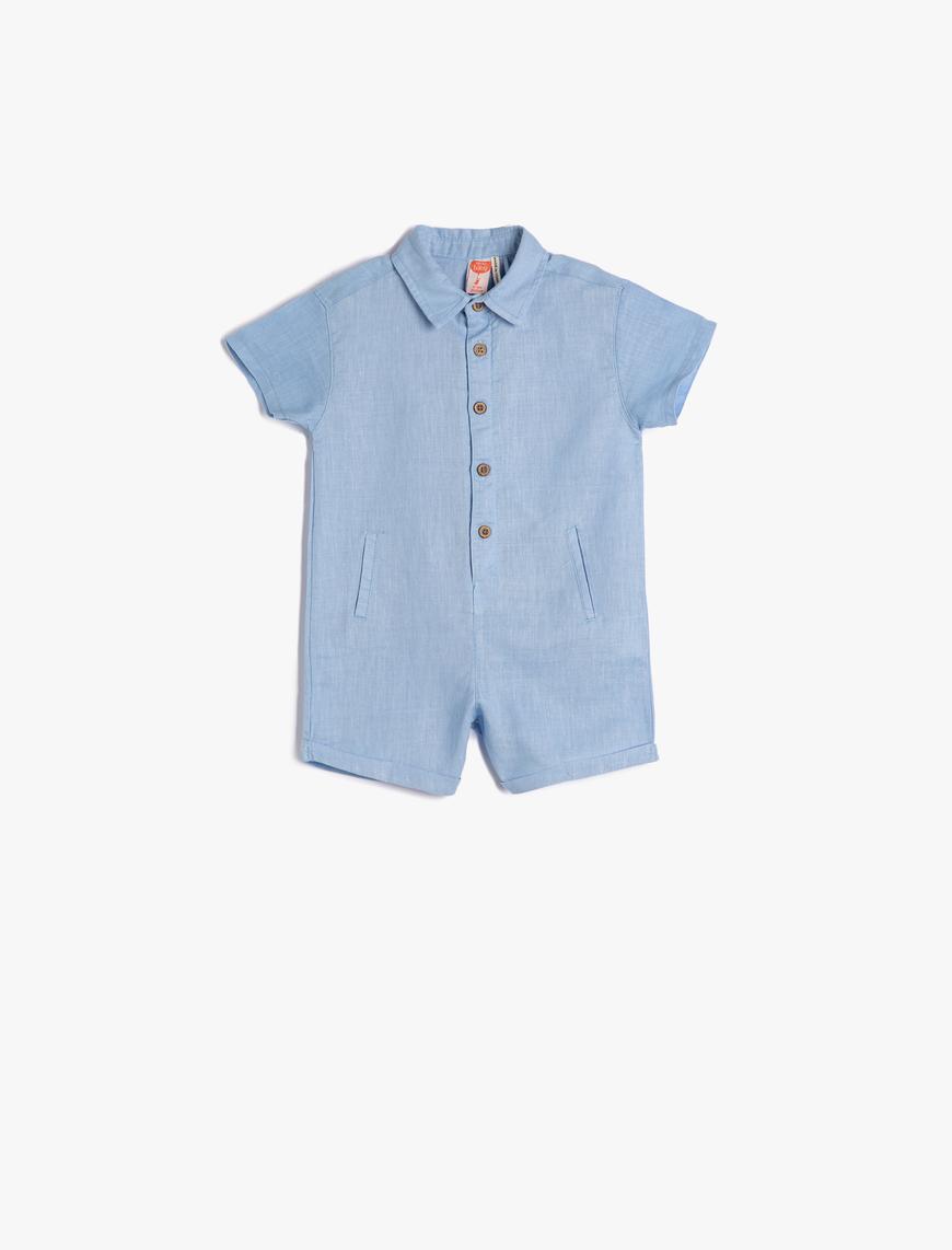  Erkek Bebek Tulum Kısa Kollu Cepli Gömlek Yaka Düğme Kapamalı Pamuklu