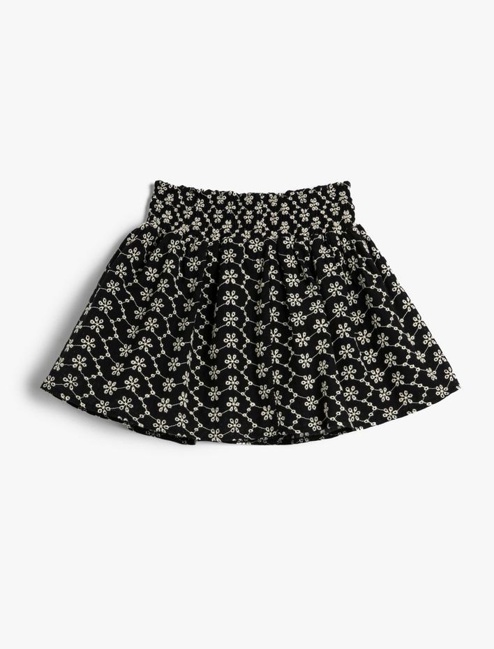 Kız Çocuk Etek Midi Boy Çiçek İşlemeli Gipe Detaylı Pamuklu Astarlı