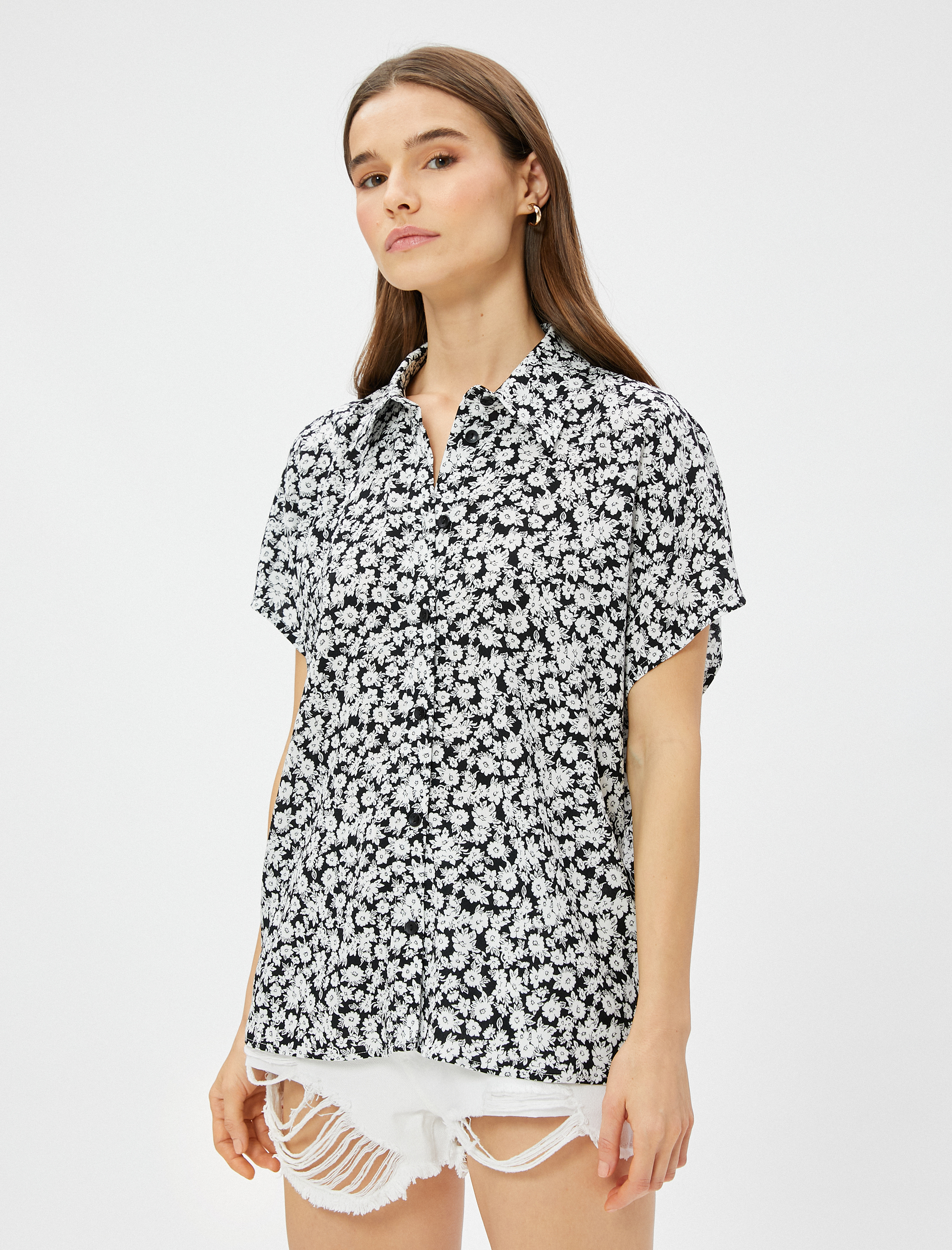   Çiçekli Gömlek Kısa Kollu Viskon