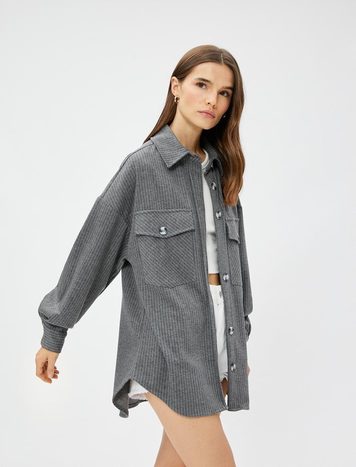  Oversize Gömlek Ceket Düğmeli Cepli