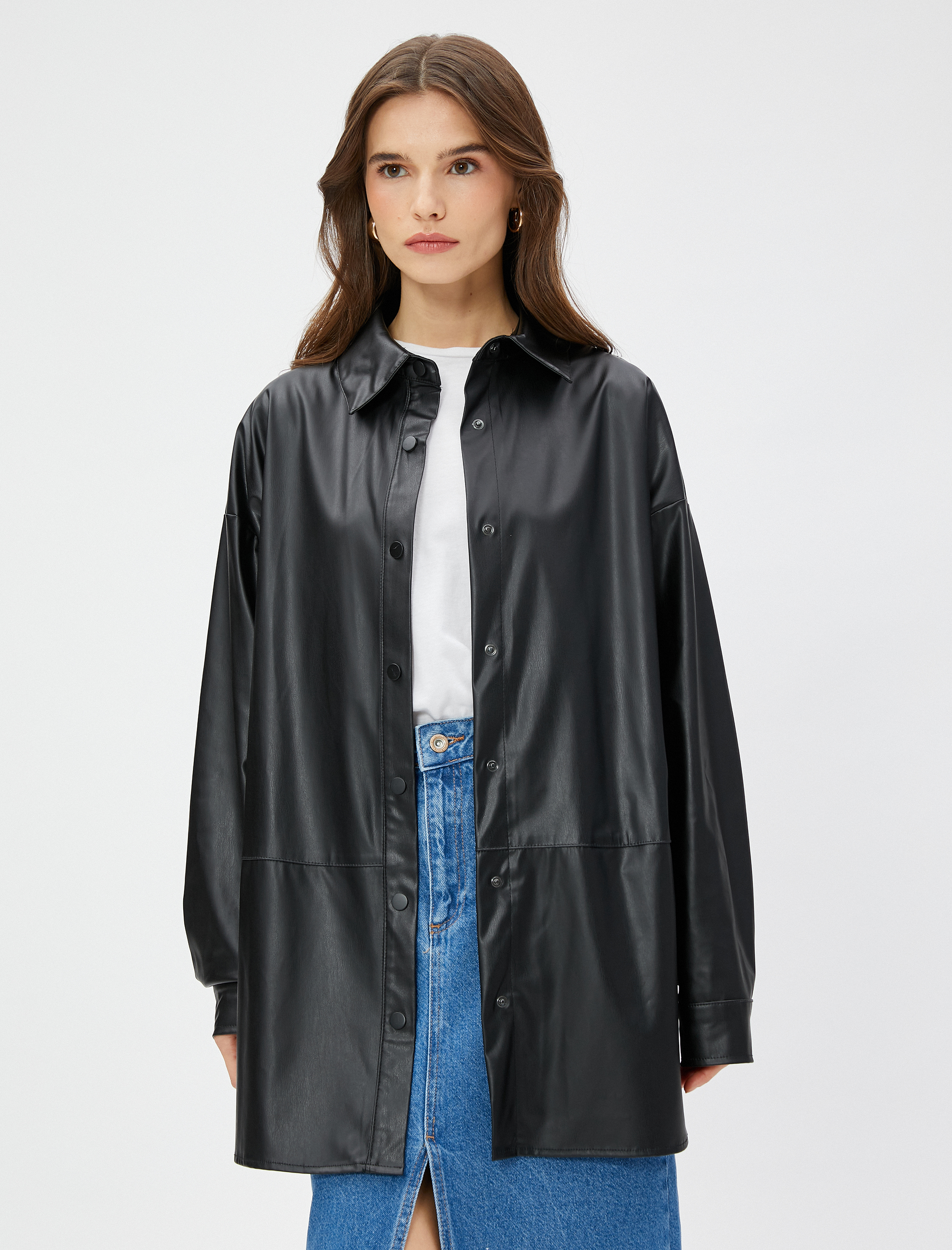   Suni Deri Oversize Gömlek Çıtçıtlı