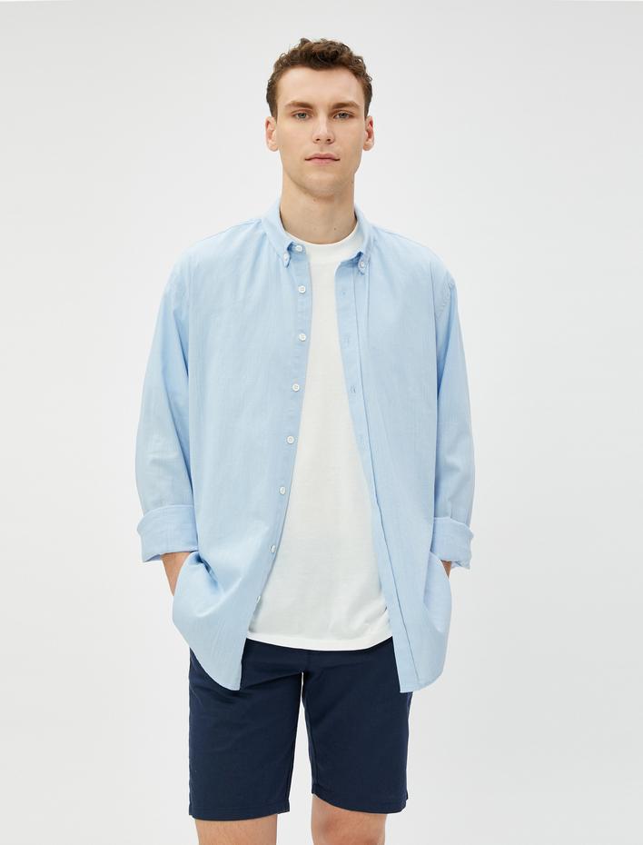  Keten Karışımlı Bermuda Şort Düğmeli Cep Detaylı