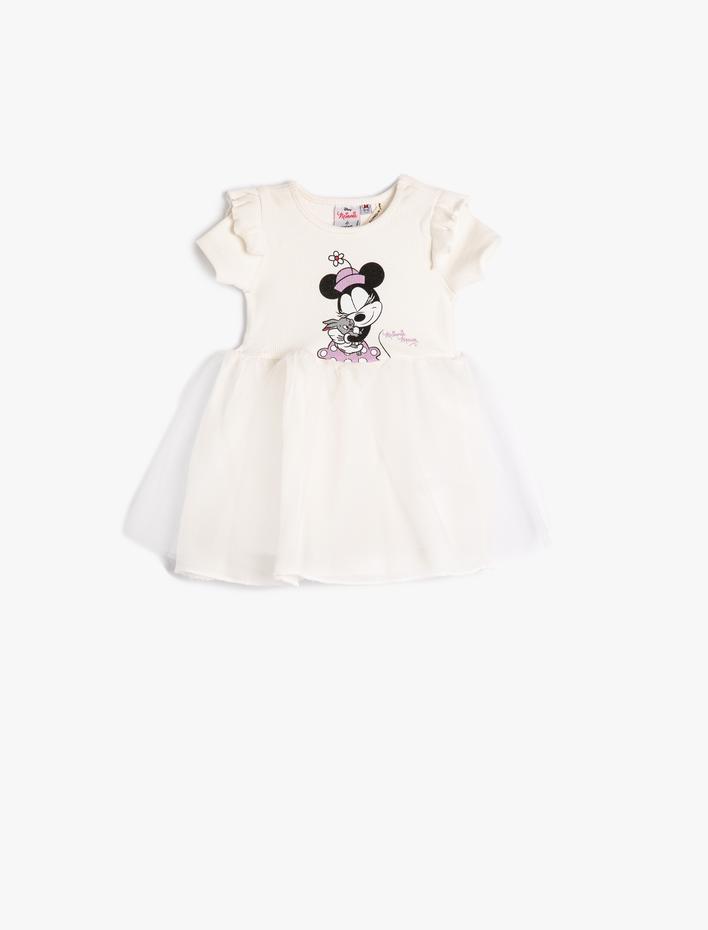Kız Bebek Minnie Mouse Tül Elbise Fırfırlı Lisanslı Kısa Kollu Pamuklu
