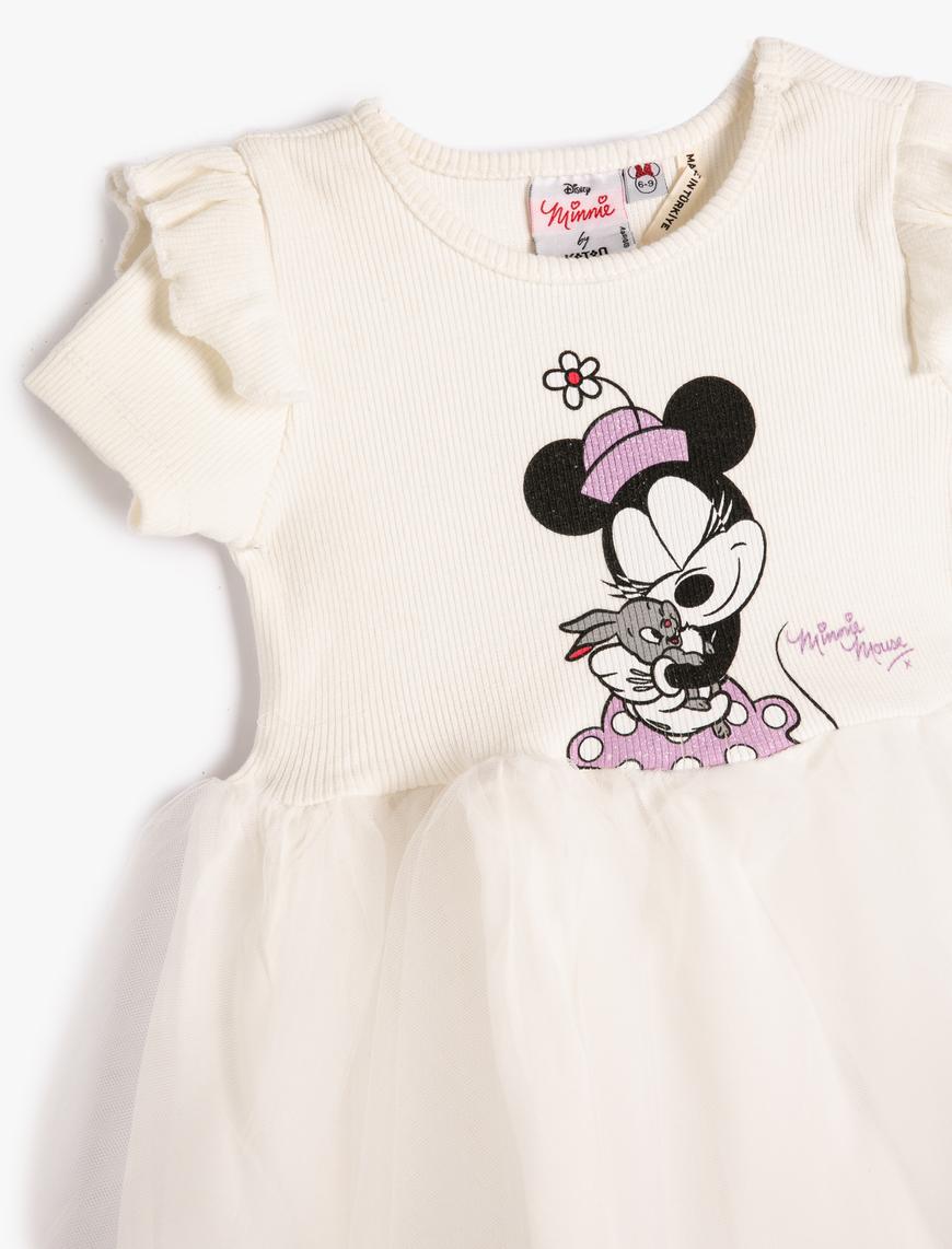  Kız Bebek Minnie Mouse Tül Elbise Fırfırlı Lisanslı Kısa Kollu Pamuklu