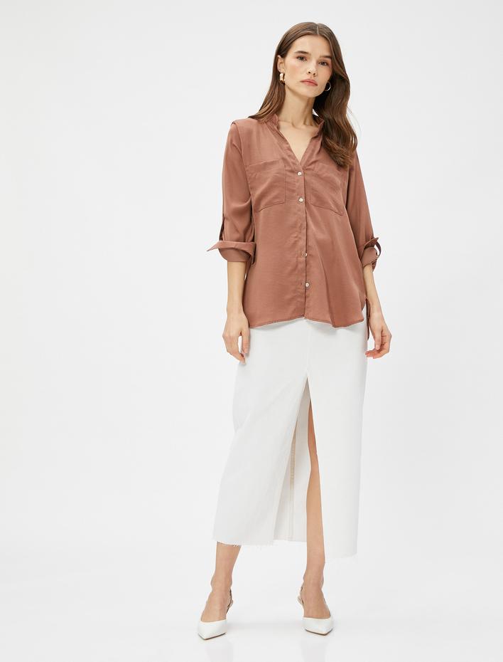  Hakim Yaka Gömlek Cepli Kolları Katlamalı