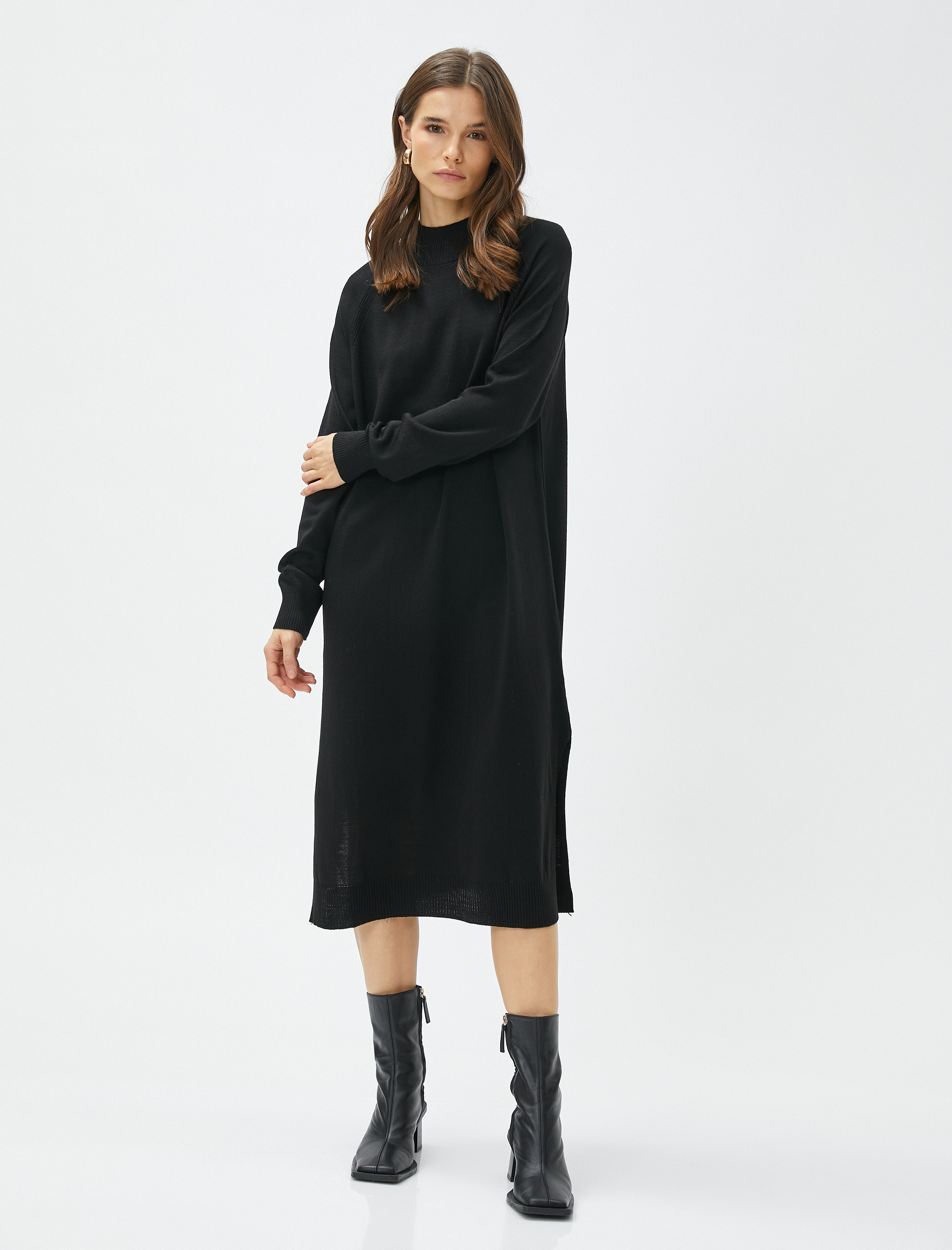   Midi Triko Elbise Dik Yaka Uzun Kollu