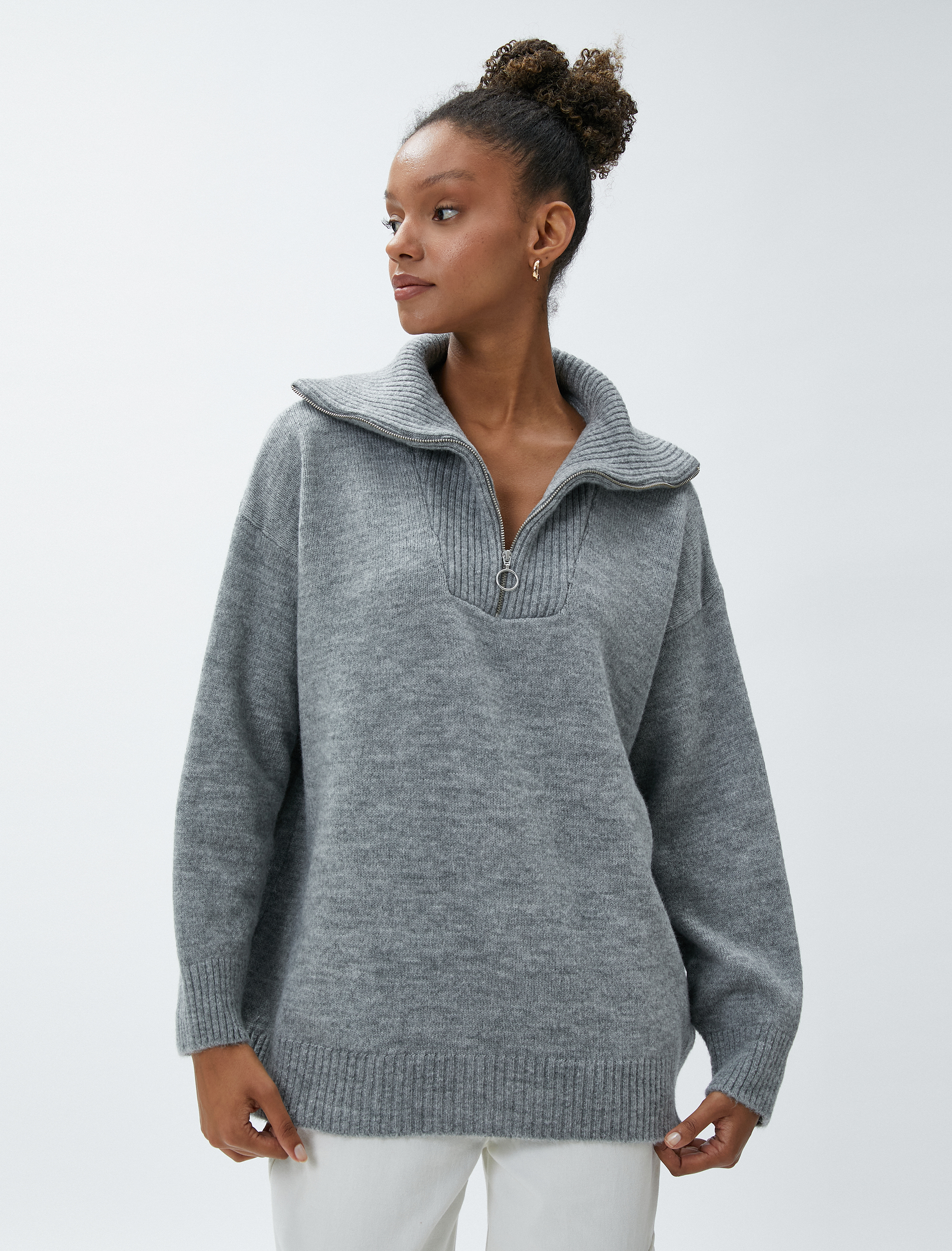   Yarım Fermuarlı Triko Kazak Dik Yaka Ribanalı Uzun Kollu