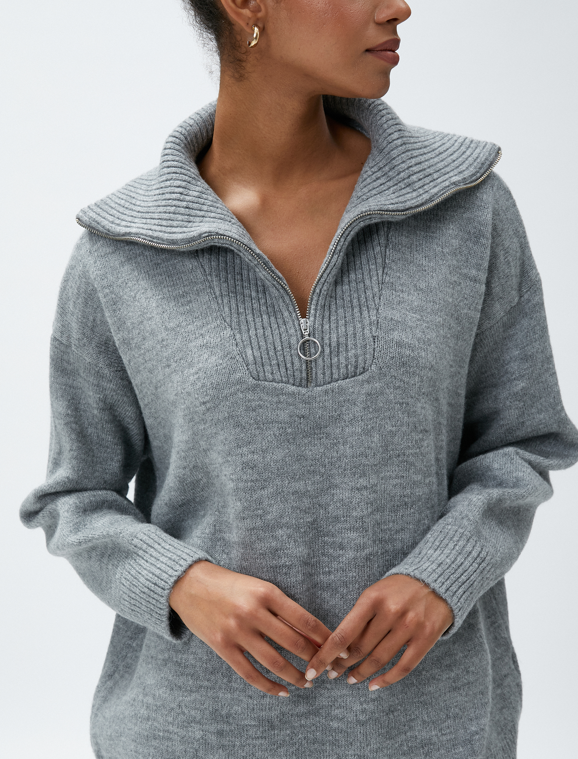   Yarım Fermuarlı Triko Kazak Dik Yaka Ribanalı Uzun Kollu