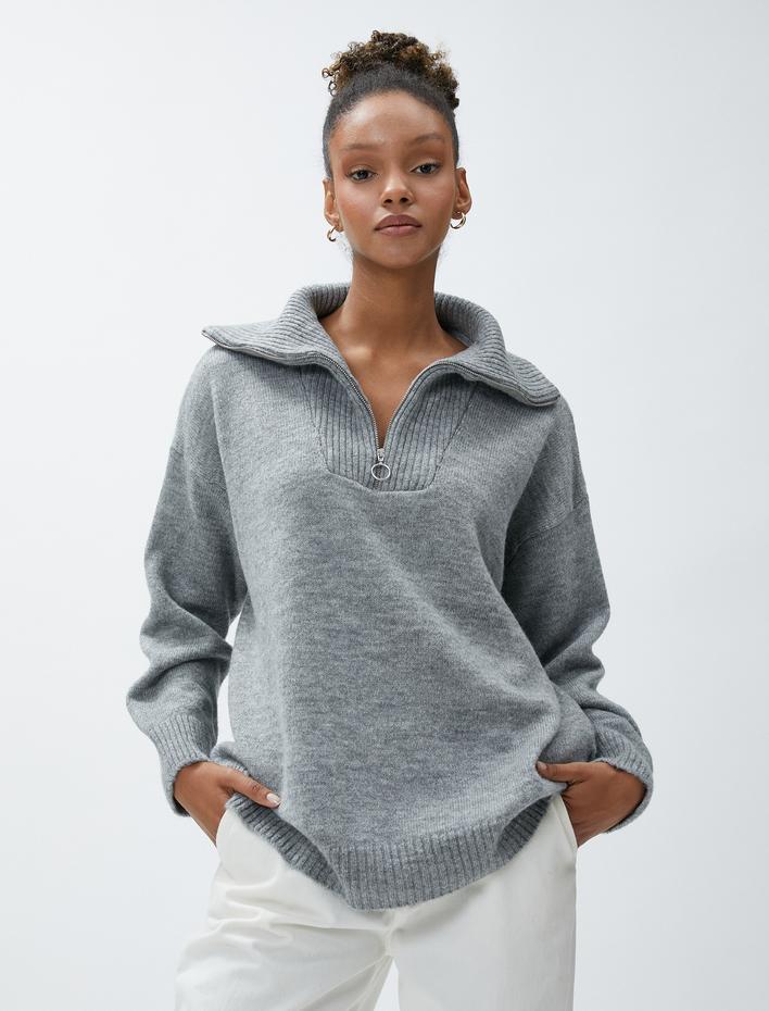  Yarım Fermuarlı Triko Kazak Dik Yaka Ribanalı Uzun Kollu