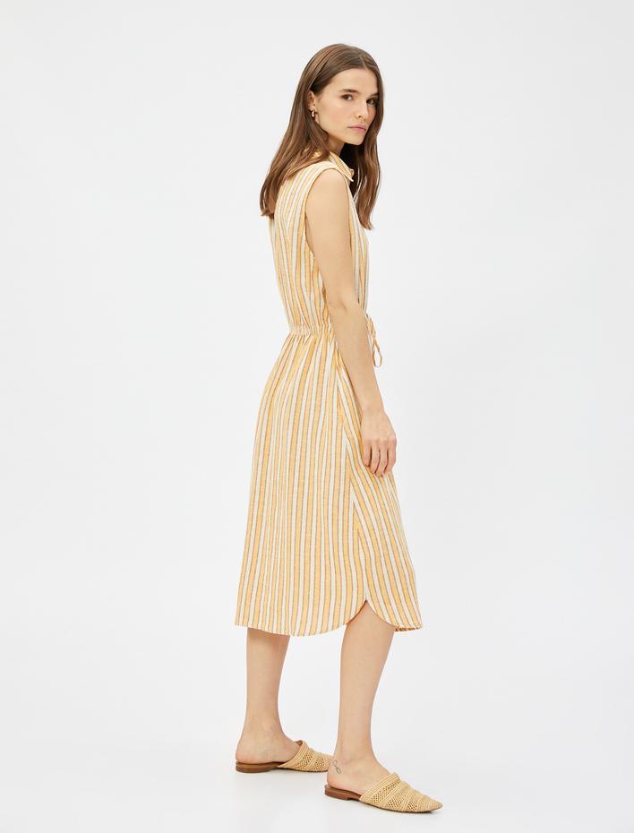  Midi Gömlek Elbise Kolsuz Beli Bağcıklı Keten Karışımlı