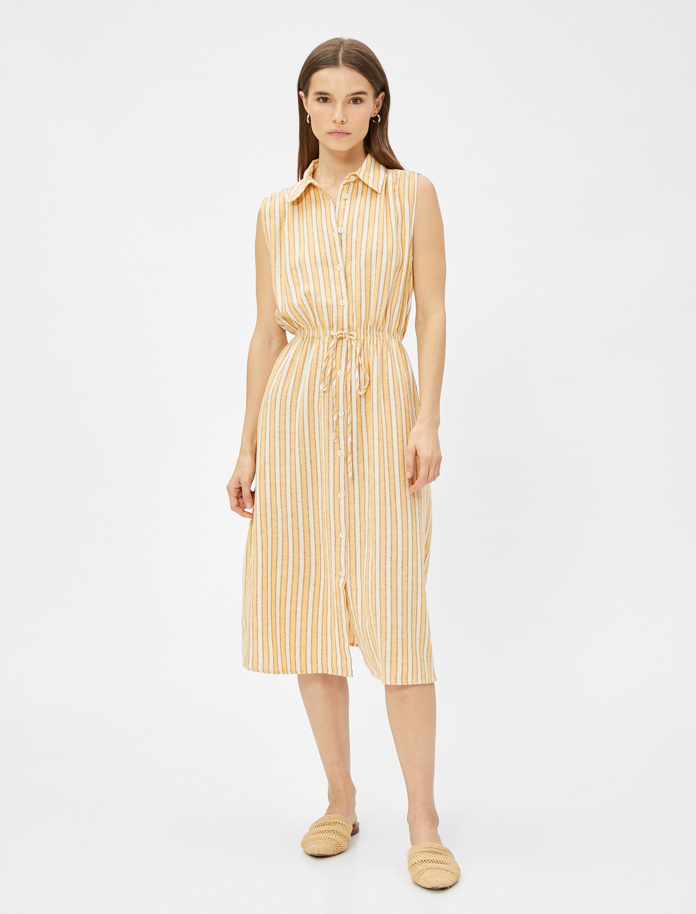   Midi Gömlek Elbise Kolsuz Beli Bağcıklı Keten Karışımlı