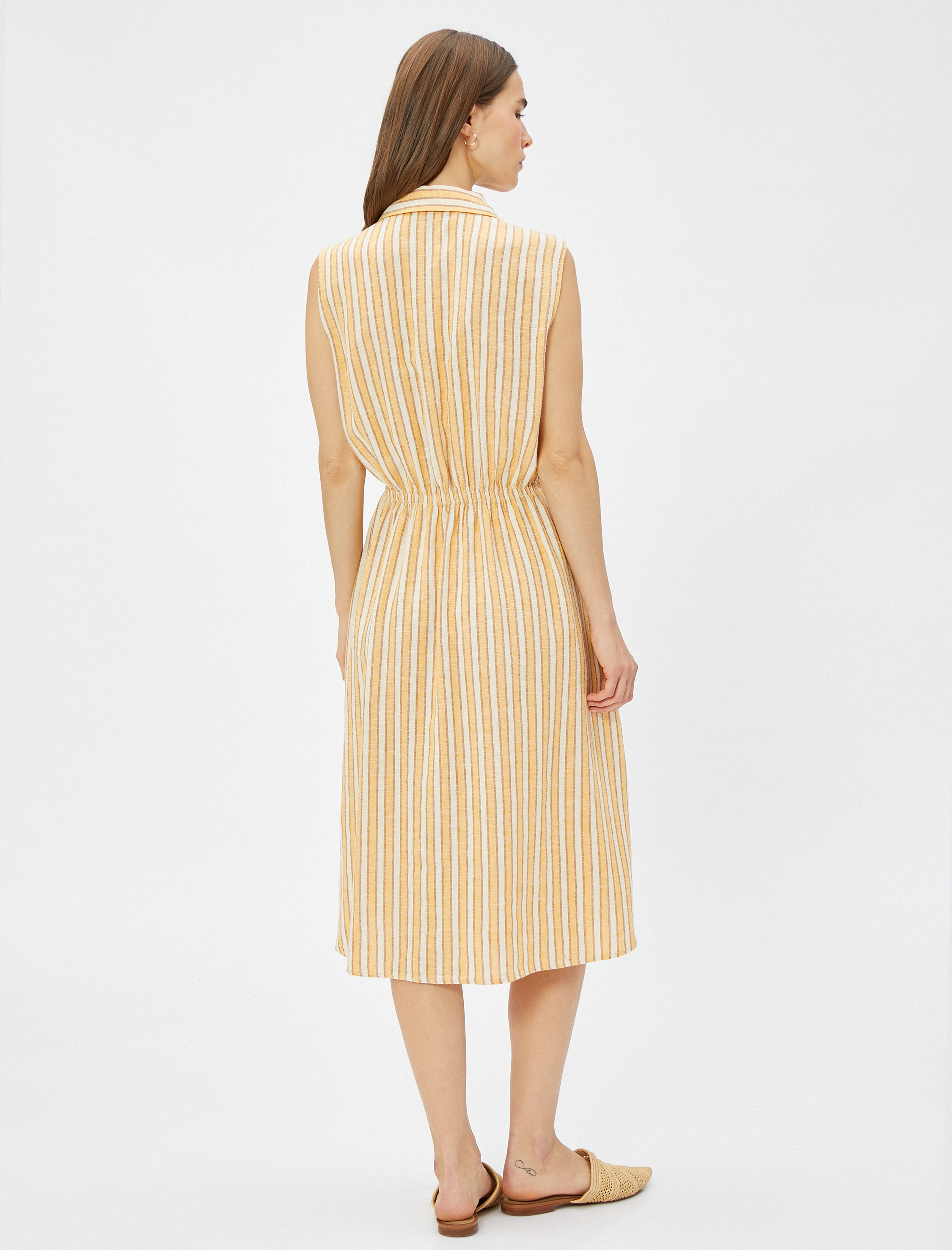   Midi Gömlek Elbise Kolsuz Beli Bağcıklı Keten Karışımlı