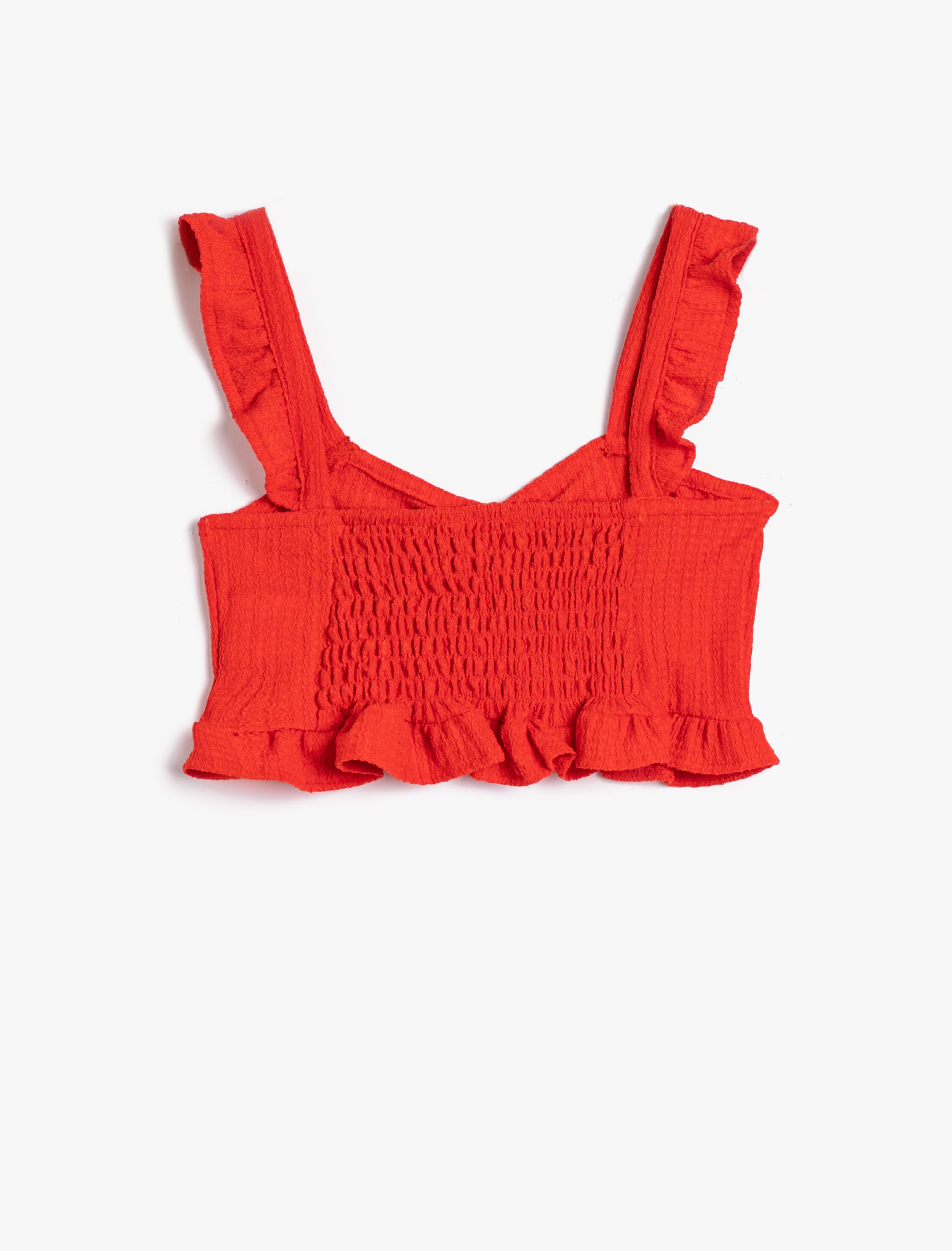  Kız Çocuk Crop Üst Askılı Fırfırlı Önü Büzgülü Oyuk Yaka