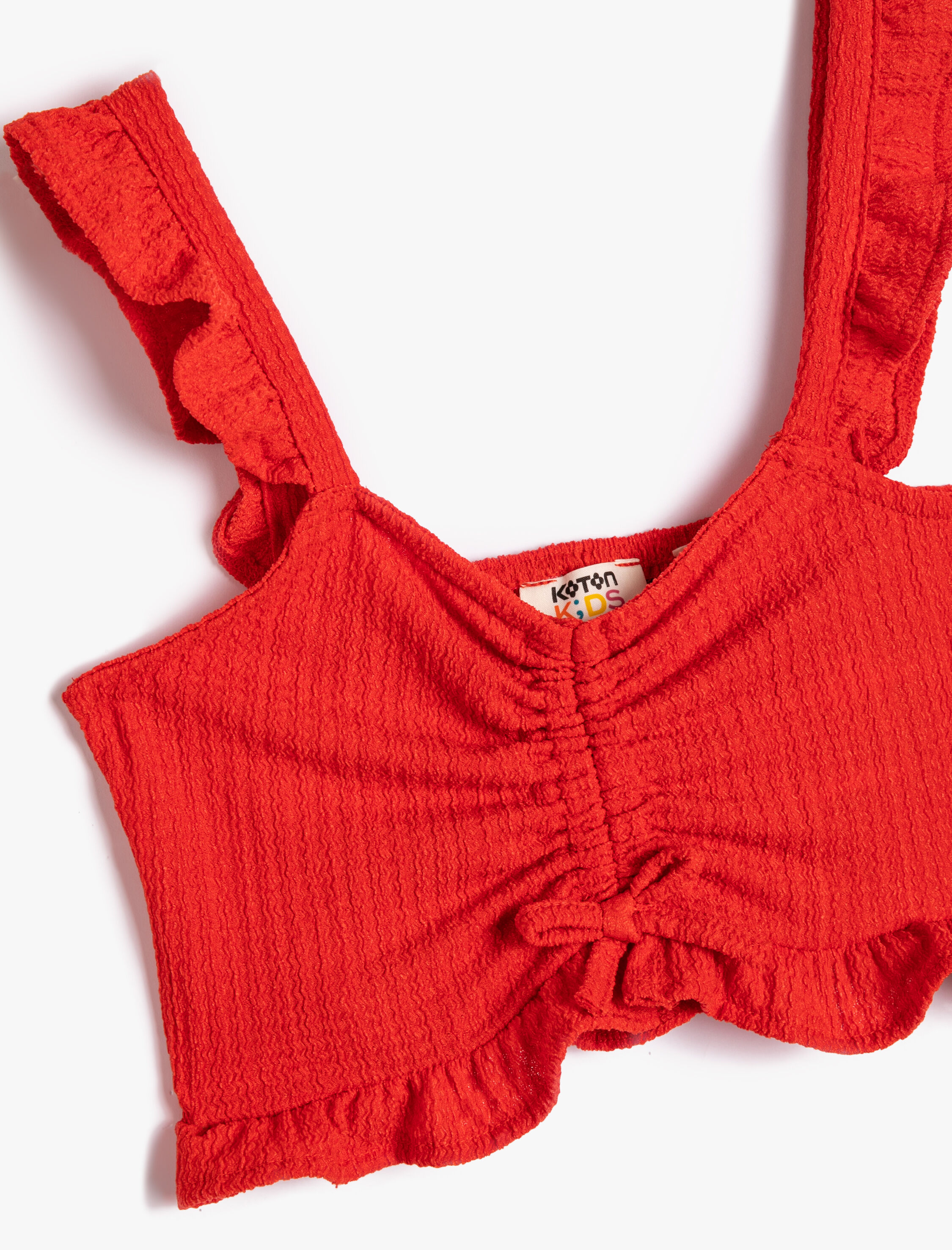  Kız Çocuk Crop Üst Askılı Fırfırlı Önü Büzgülü Oyuk Yaka